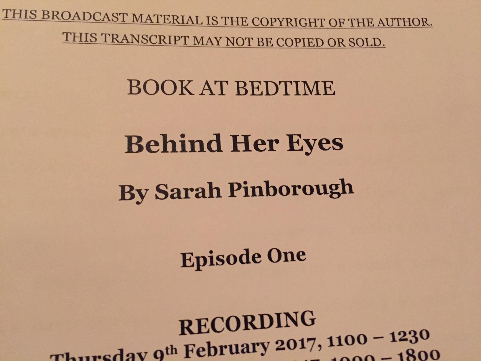 Feb 2017 - Book at Bedtime - Reading the incredibly complex role of Adele in Sarah Pinborough's number one bestseller Behind her Eyes. Directed by Karen Rose for Sweet Talk Productions.