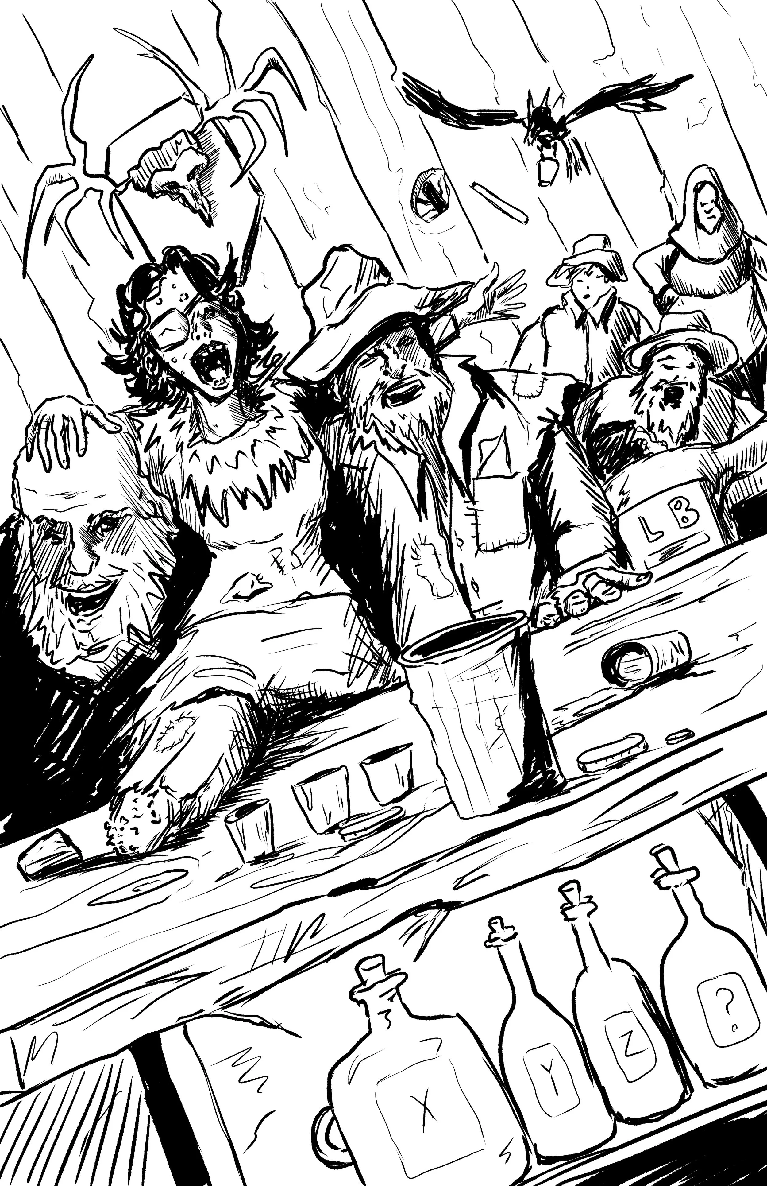 Black and white drawing of a one-legged woman drinking with some lumberjacks down the pub.