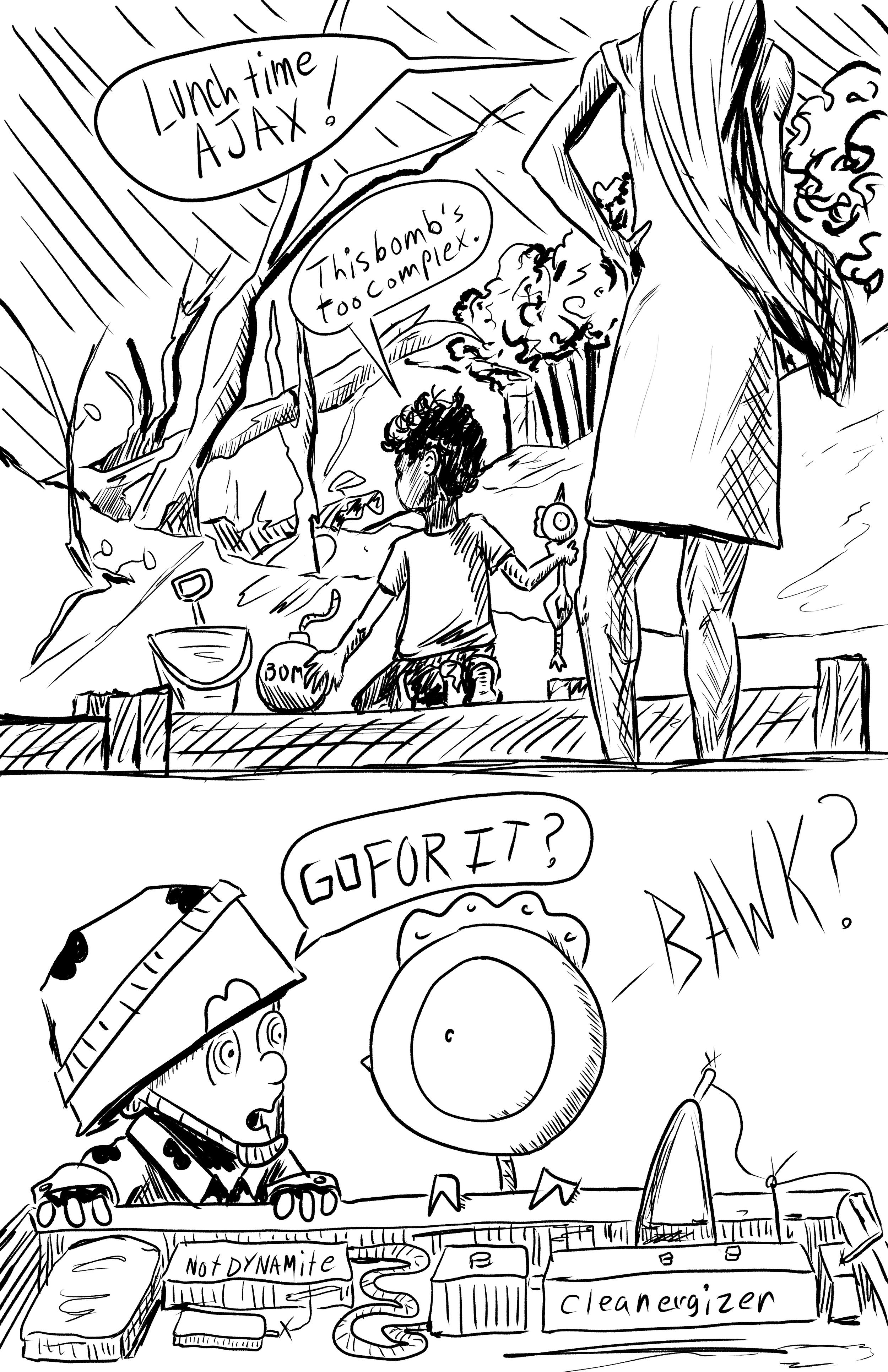 A comic drawing depicts a girl outdoors shouting 'Lunch time AJAX!' and a boy holding a bomb labeled '30m' to a small speaker, saying 'This bomb's too complex.' A girl wearing a cone hat labeled 'Not DYNAMITE' is at a desk with the words 'cleanenergizer' and 'GUFORIT?' on it, with a speech bubble saying 'BAMK.'