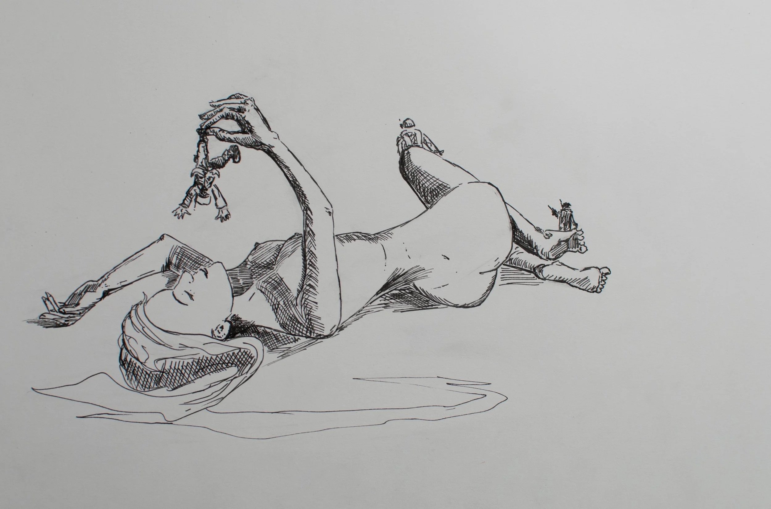A black and white drawing of a person lying on their back, holding a small object in one hand. The person's body is detailed with shading and cross-hatching, with their legs extended and one arm reaching upward.