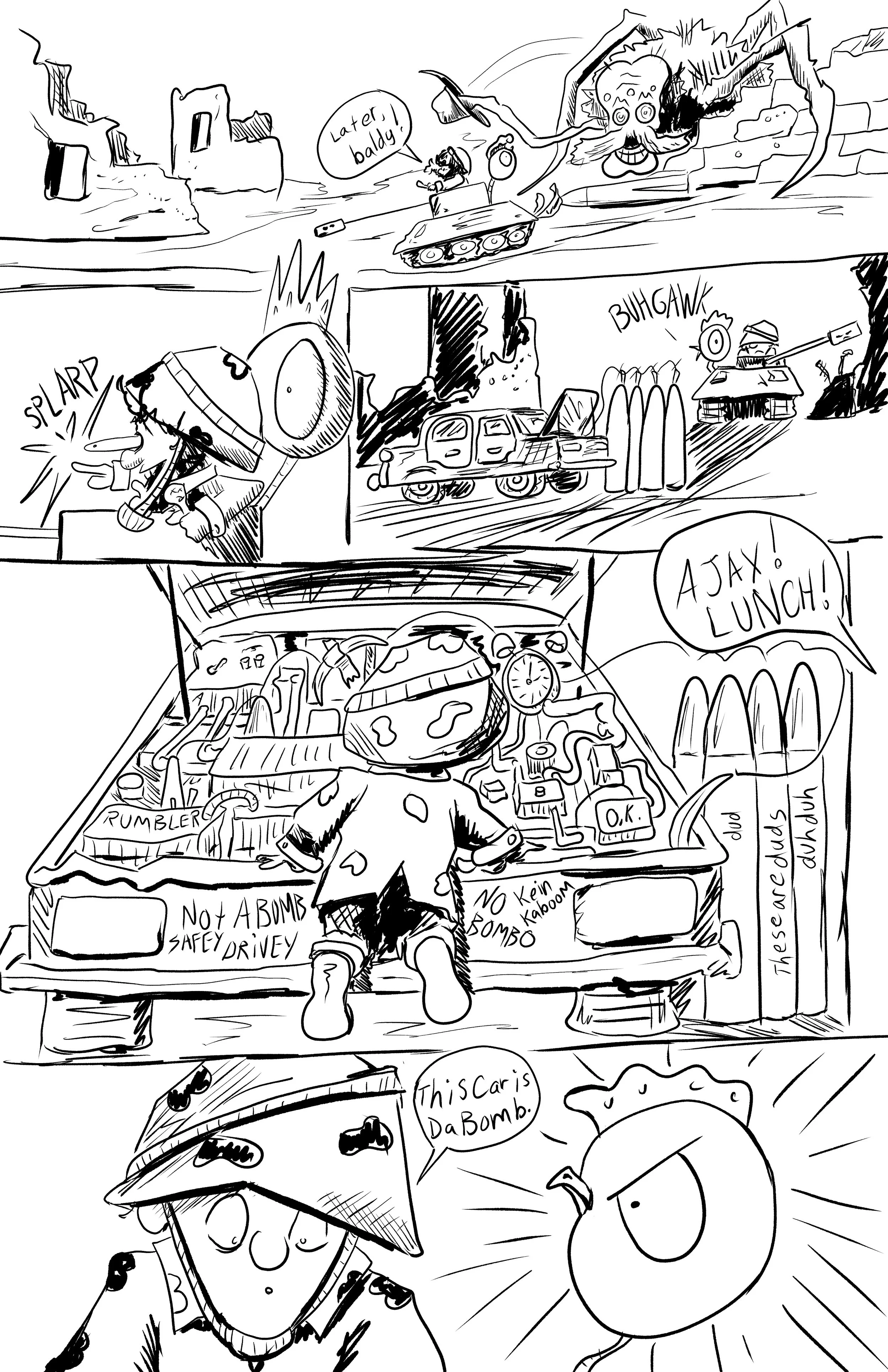 Comic-style drawing of a comic strip featuring a tank and a character with a metal helmet and goggles fighting a giant spider. Various scenes show explosions, a car, a chicken, and humorous dialogue like 'Not A Bombs Safety Drive' and 'This Car is Da Bomb!'