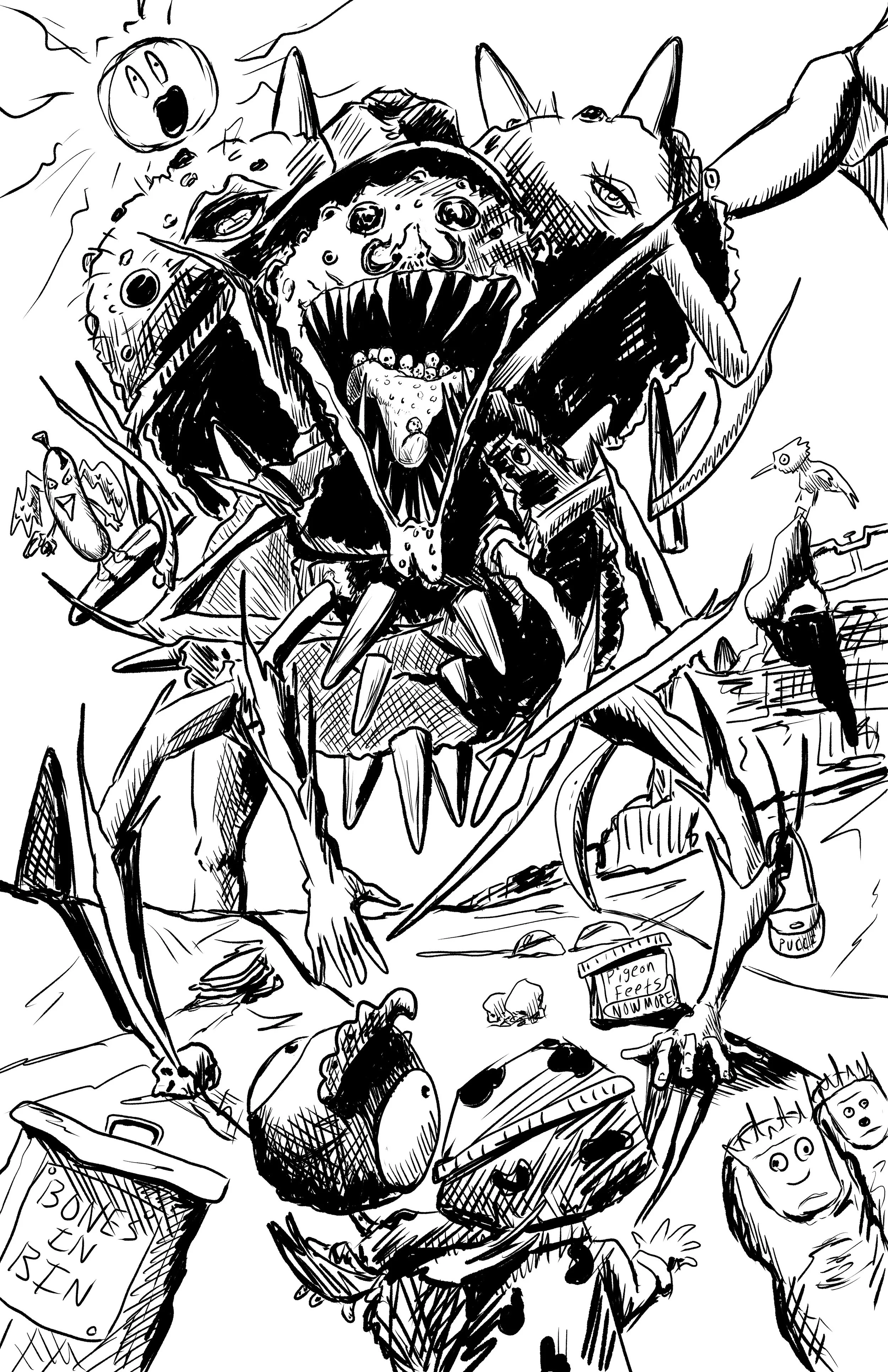 A detailed black and white drawing of a creature with a human body and a large, monstrous, open mouth face with sharp teeth, surrounded by small animals and objects. The face has multiple eyes and a skull-like texture. There are small birds, a watermelon, a cup labeled 'Pigeon Feets', and a person with a rectangular head with a smiling face in the scene.