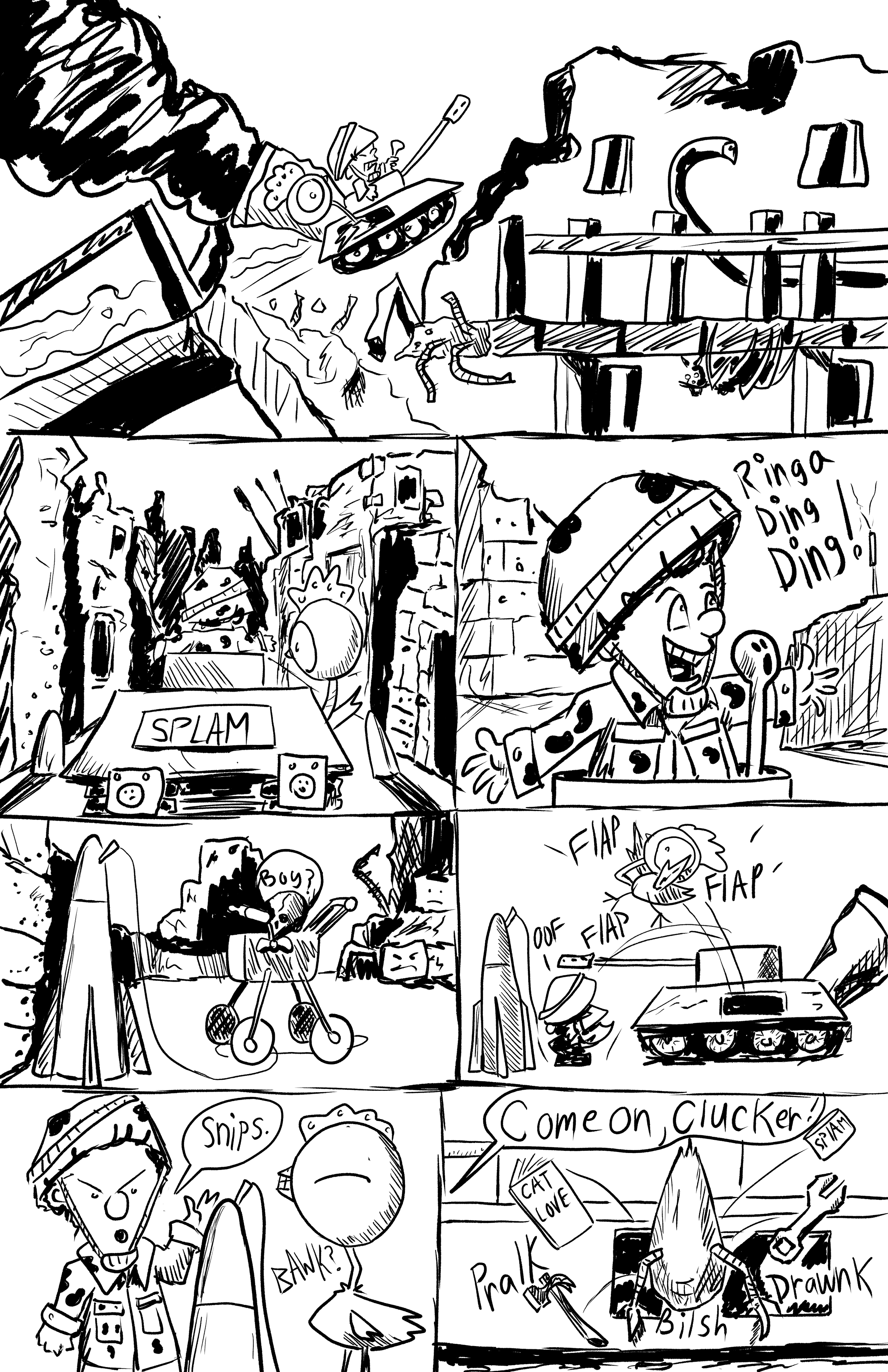 A comic strip depicting various scenes with children and tanks, including a tank shooting, a child with a baseball bat, a person painting graffiti, and a child mouthing off. The scenes involve playful and mischievous activities.
