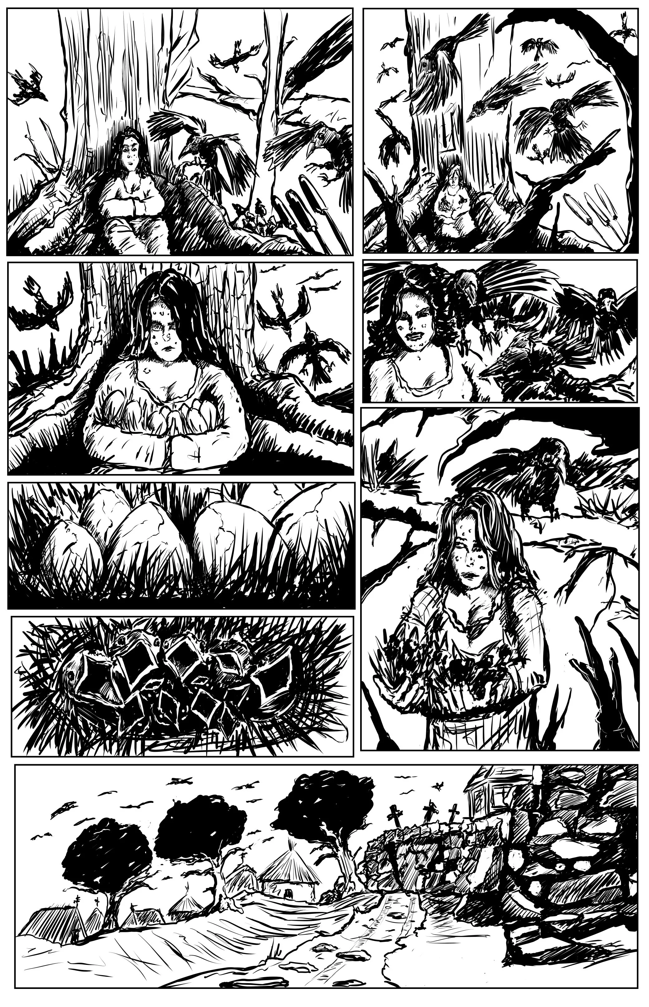 A black and white comic strip depicting a story set in a rural area. The top row shows a woman sitting under a large tree surrounded by flying birds. The second row continues with the woman, revealing her with long hair and an emotional expression; there are eggs on the ground. The next panel features a close-up of eggs in the grass. The following panel shows a city or village with trees, a road, houses, and a street with a carriage. The last row depicts a small village scene with houses, trees, and a dirt road, with birds flying in the sky.