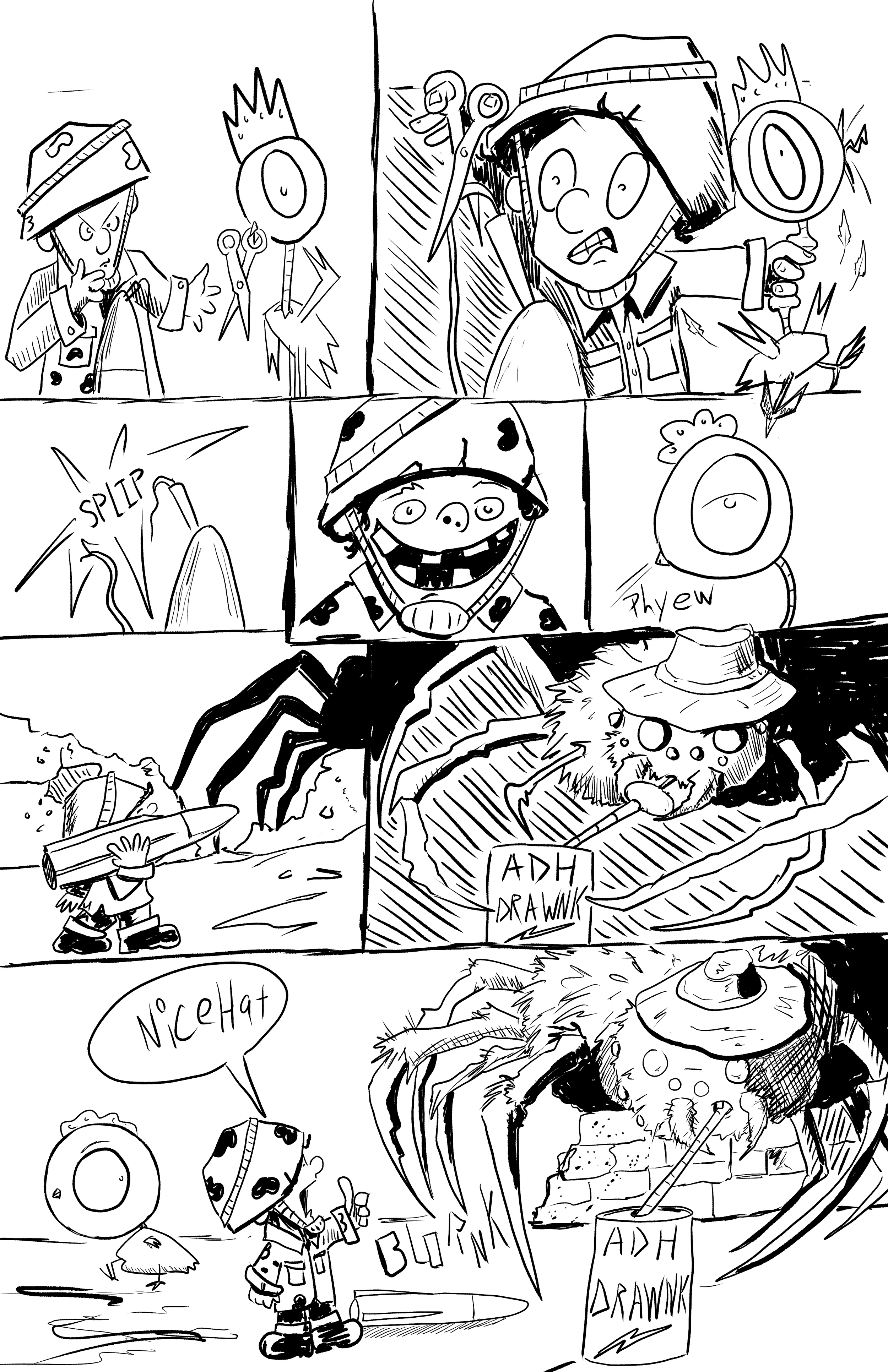 Comic strip featuring children in hats engaged in outdoor activities with drawings of tools, food, and nature. Characters are interacting with implements like a saw, knife, and drawing supplies, smiling, and expressing surprise or excitement.