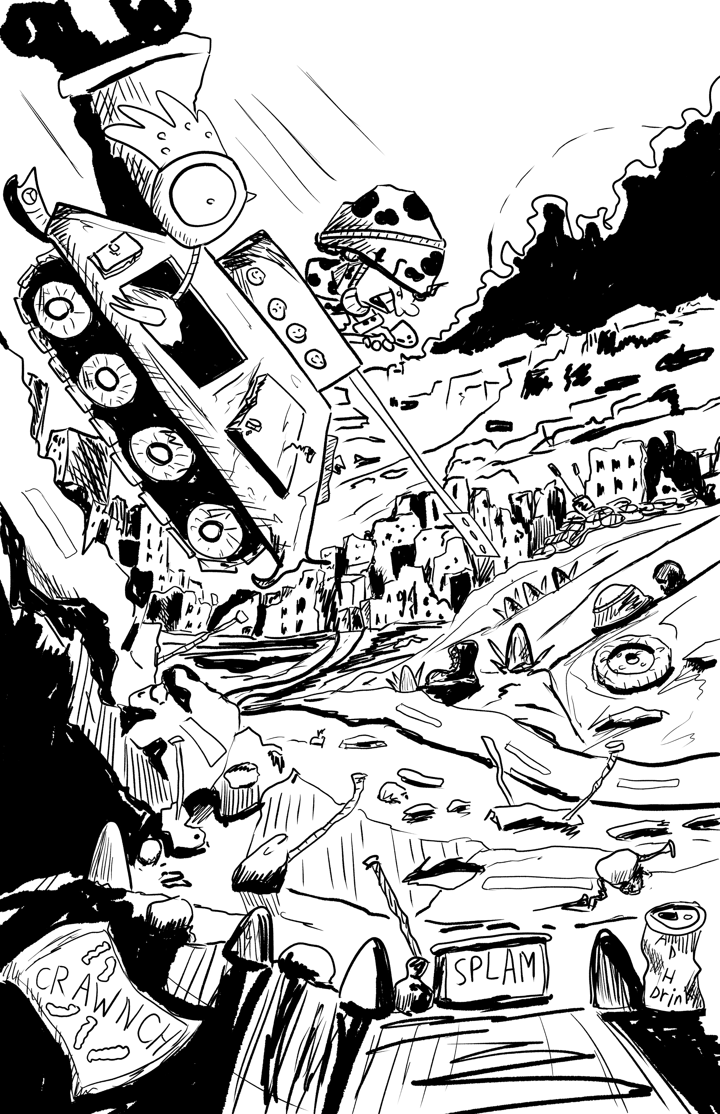 A chaotic scene of a city street with overturned cars, debris, and a sinking vehicle. People are running and emergency signs like 'CRASH' and 'SPLASH' are visible. The background shows hills and smoke.