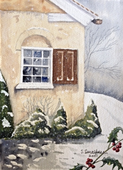 Cottage at Christmas-watercolour
