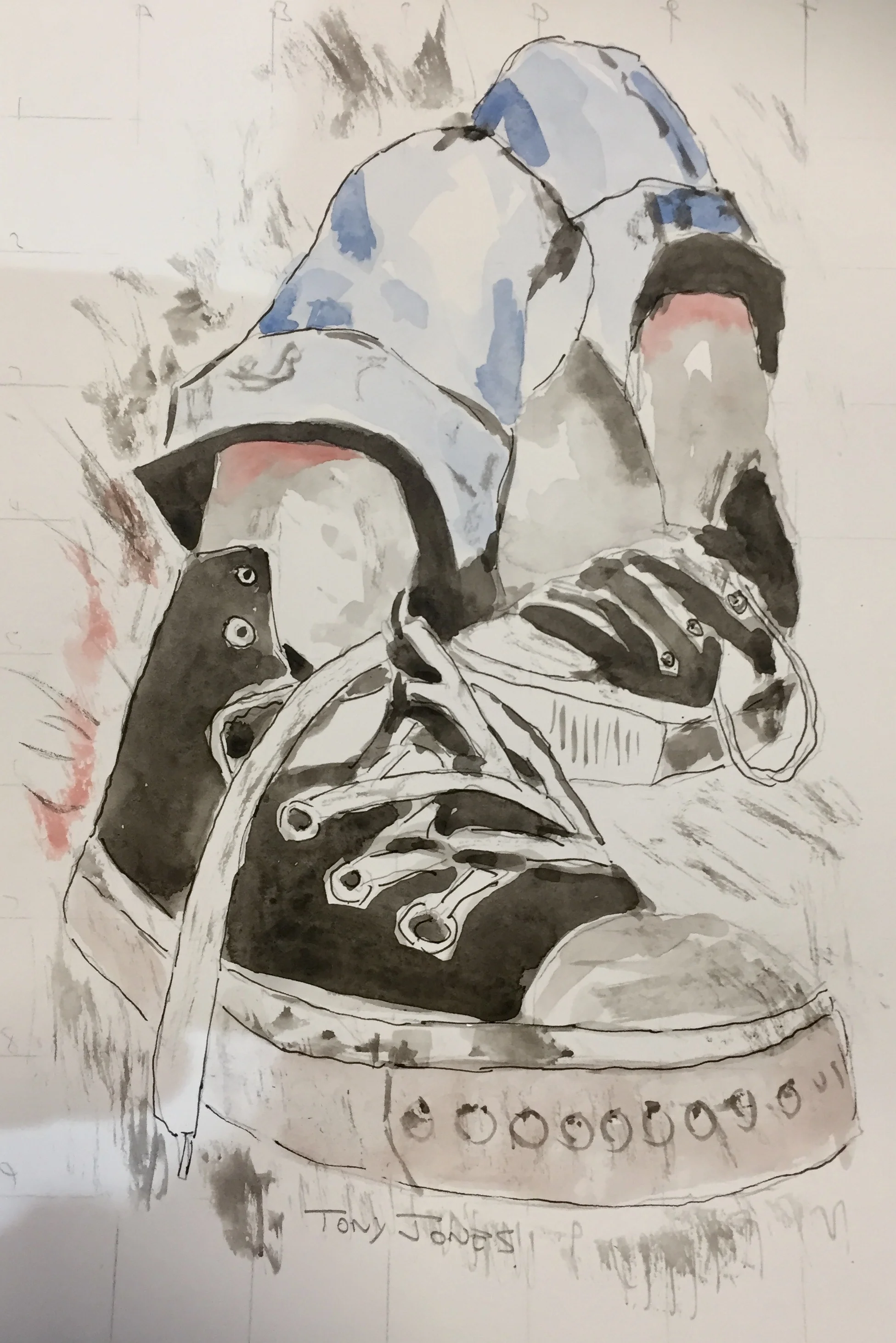 Sneakers Foreshortening. Pen and Wash/