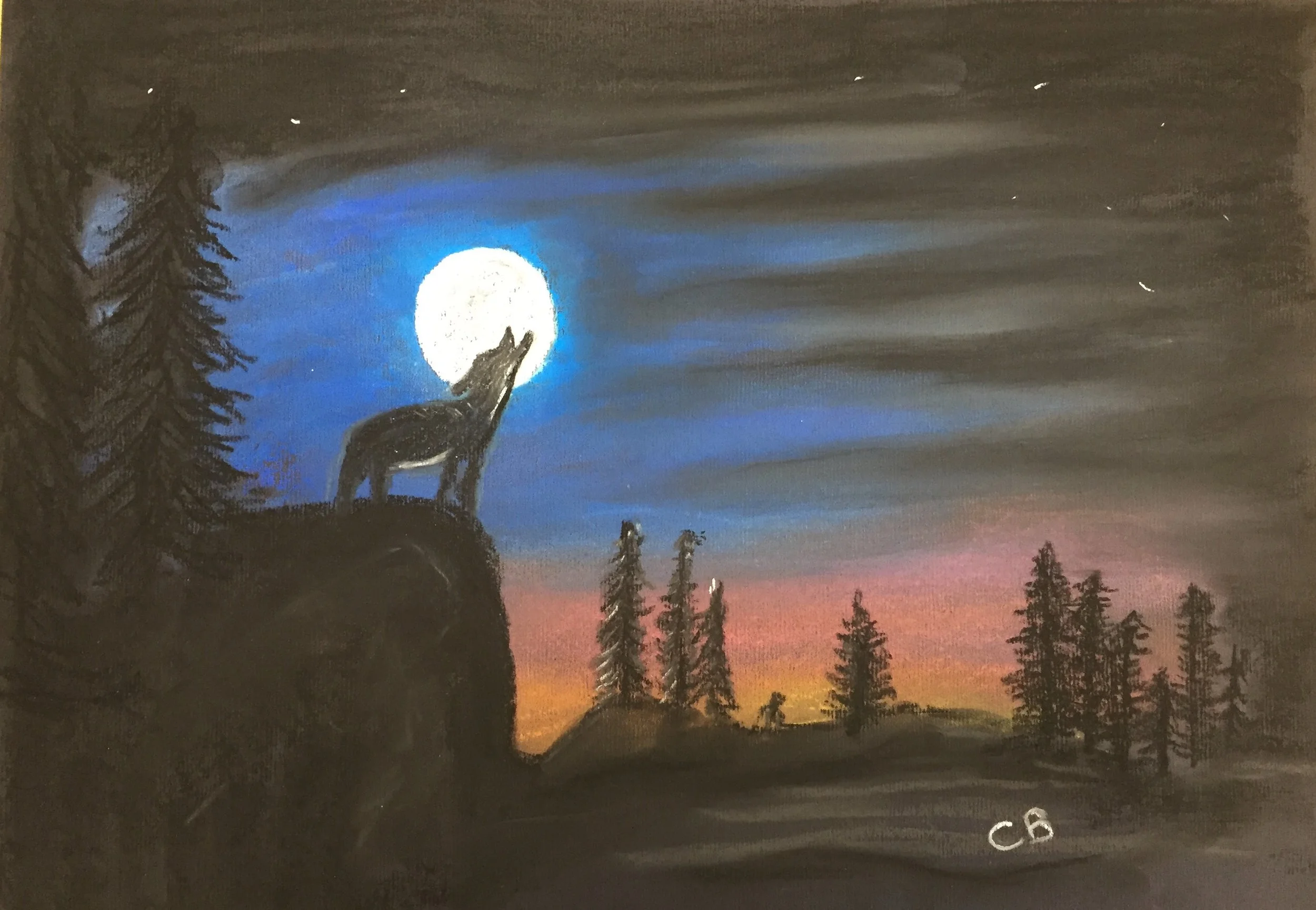 Wolf howling at the moon- Pastel.