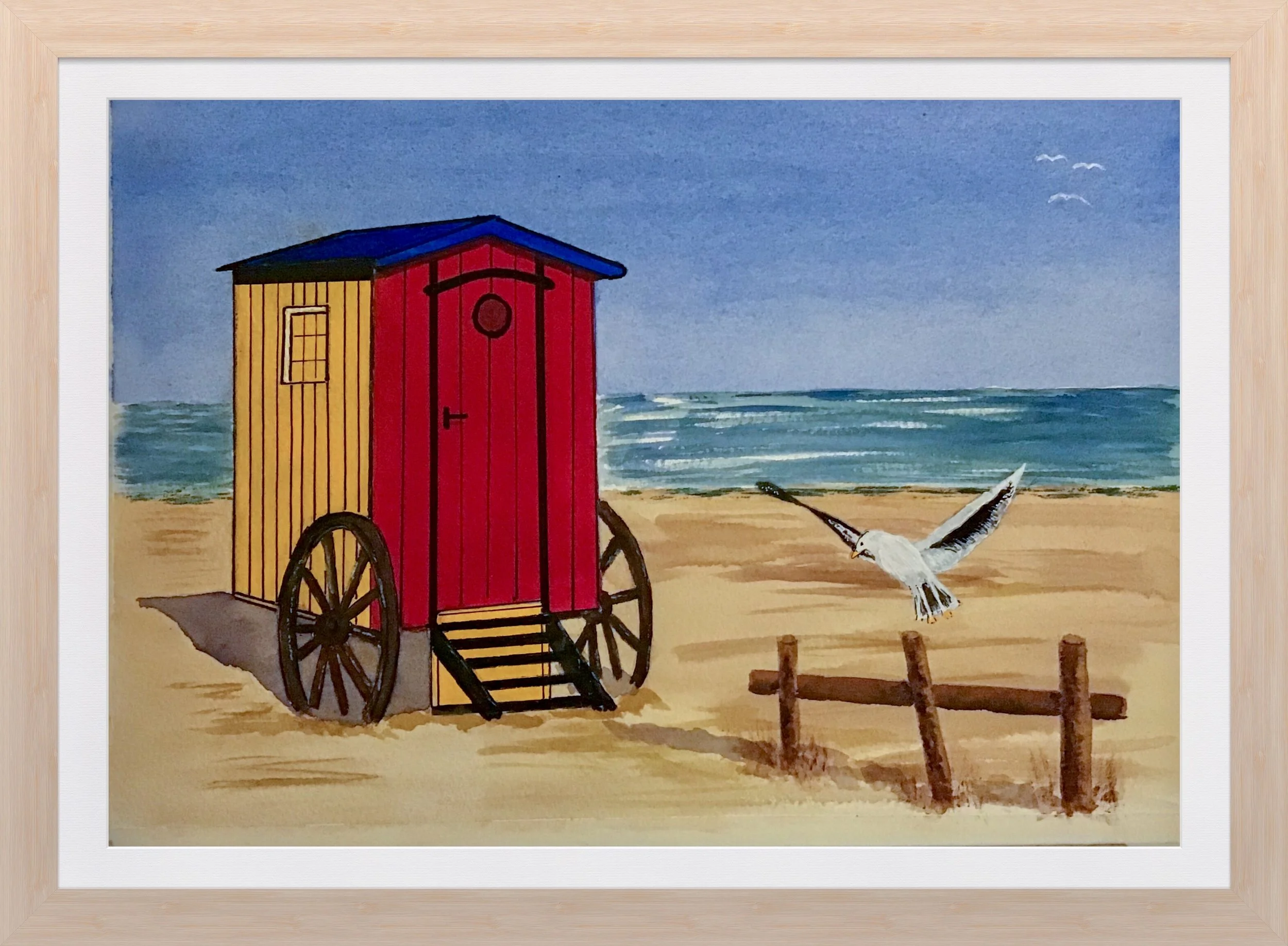 Beach hut with Seagull - mixed media.
