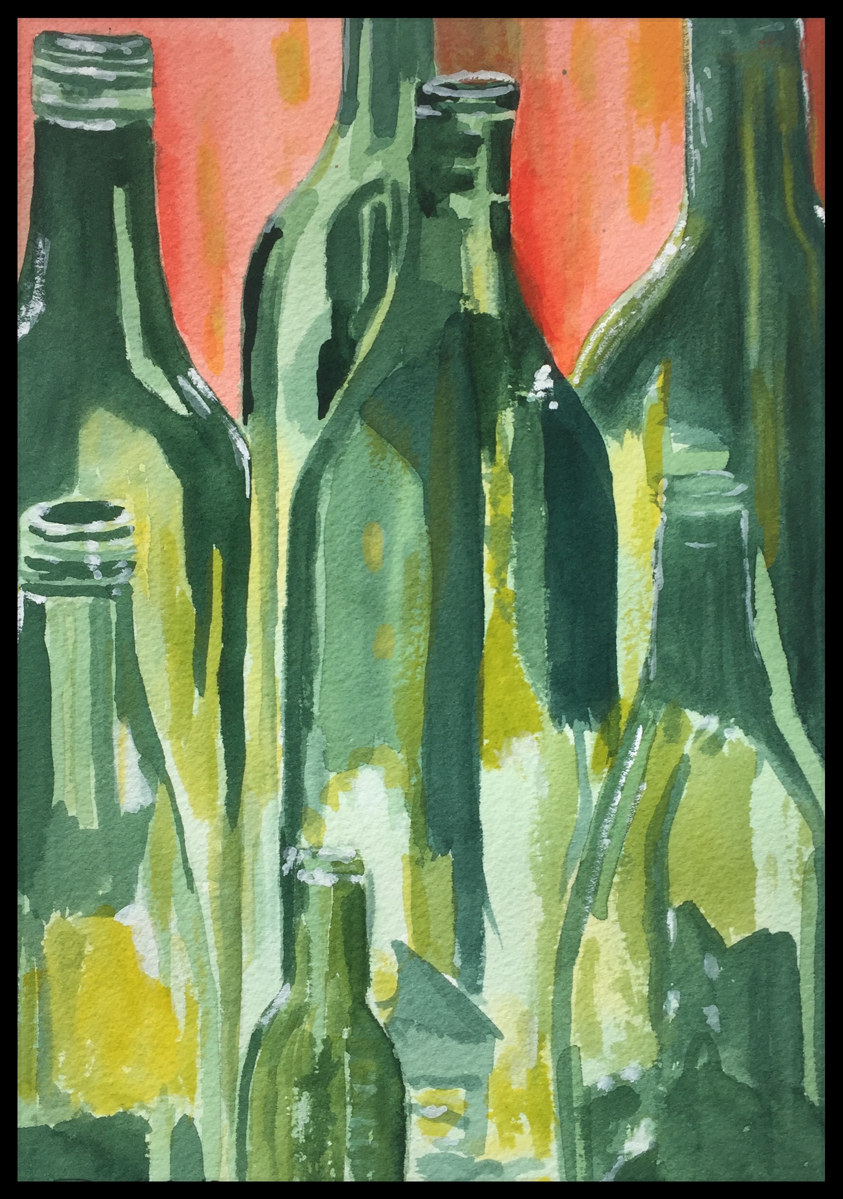 Green bottles- Watercolour.
