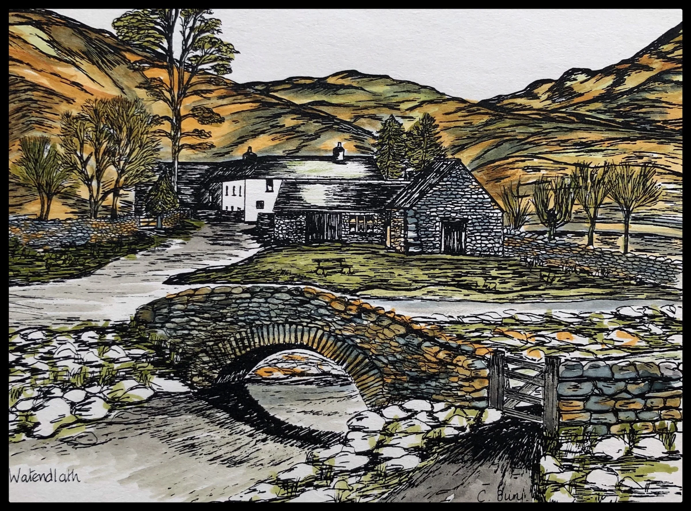 Babbling brook bridge - Pen and watercolour.