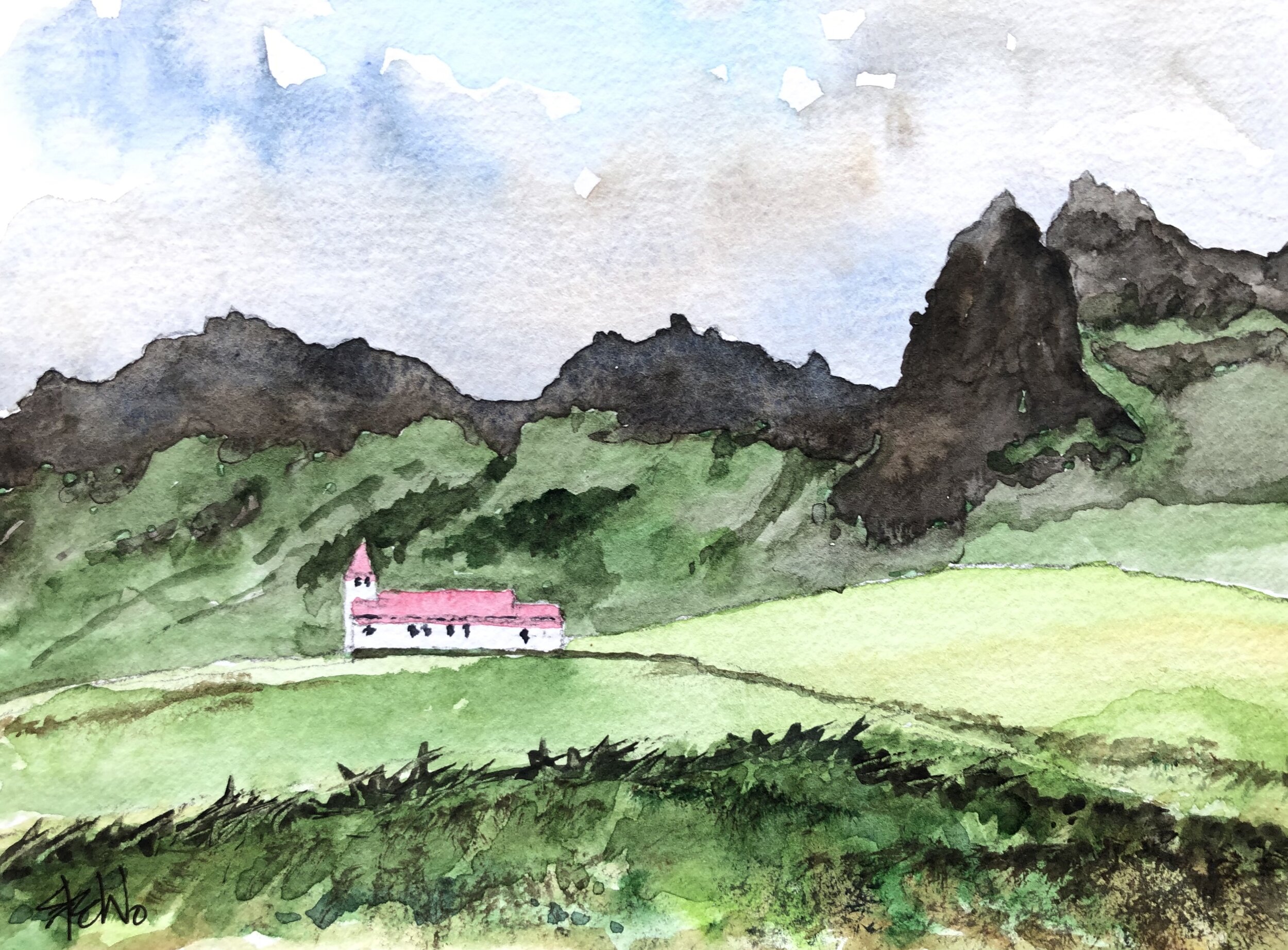 Pasture and hillside - Watercolour.
