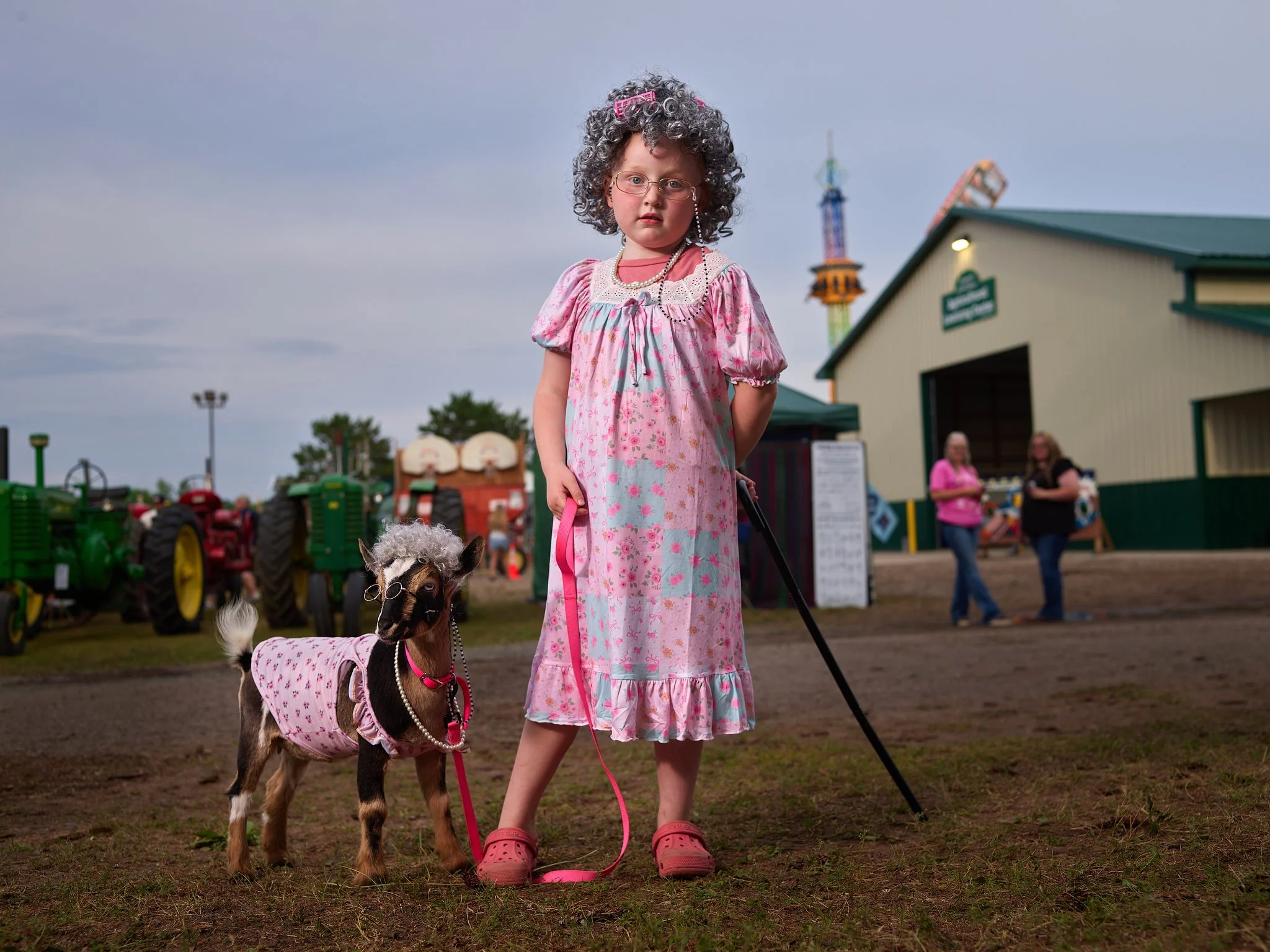 Olivia and Dottie, dressed as Grannies, 4-H costume contest participant, Pine County Fair, Minnesota, 2026
