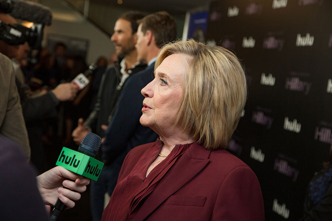  Secretary Hillary Clinton takes interviews on the red carpet at the “Hillary” Hulu Premier, New York, NY 2019 