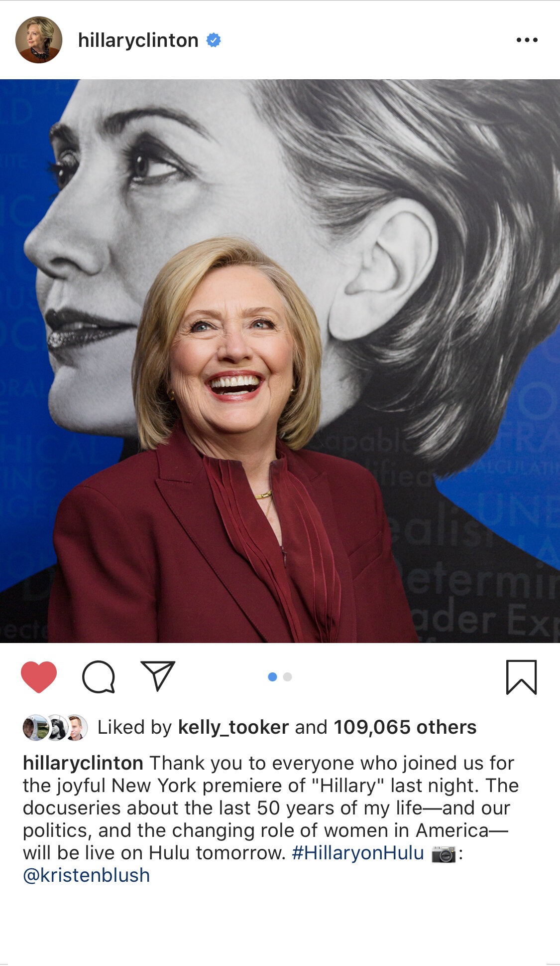  Secretary Hillary Clinton’s feature on Instagram, Twitter, and Facebook from the “Hillary” Hulu Premier, New York, NY 2019 