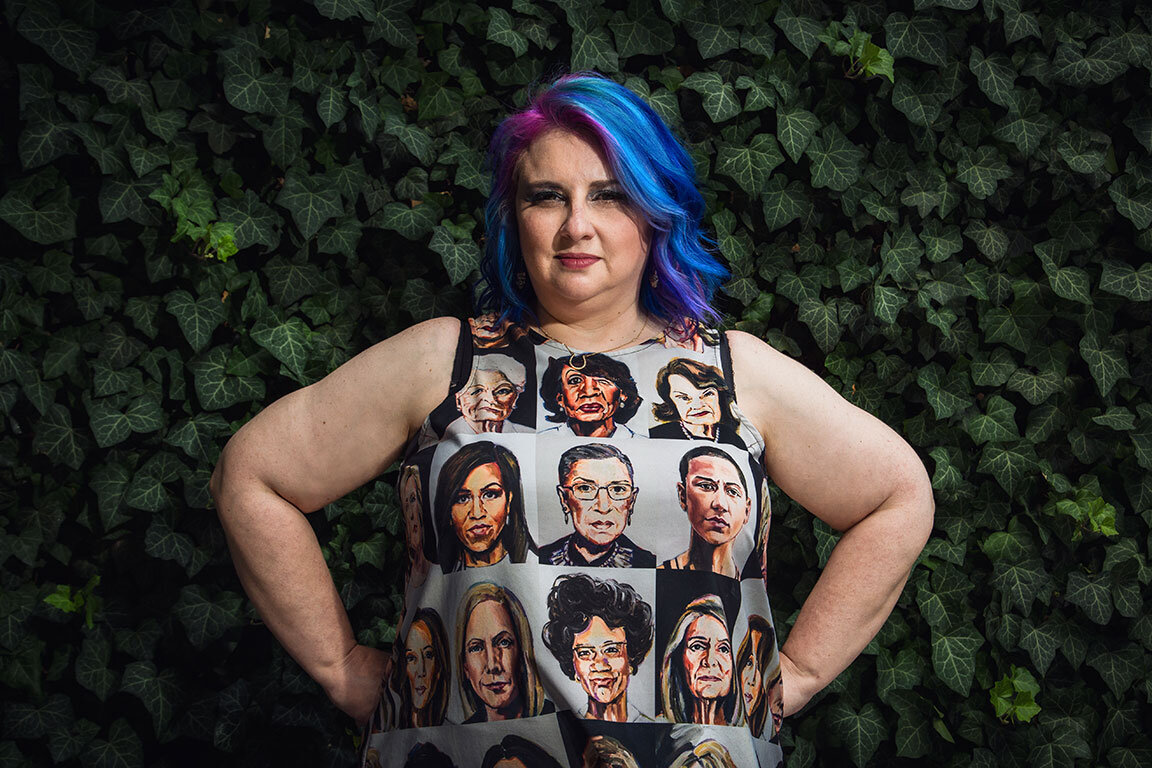  Elizabeth Blumberg wears a "Sheroes" dress by artist and activist TL Duryea. New York, NY 