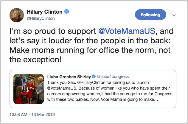  Secretary Hillary Clinton tweets the launch of Vote Mama, New York, NY 2019 