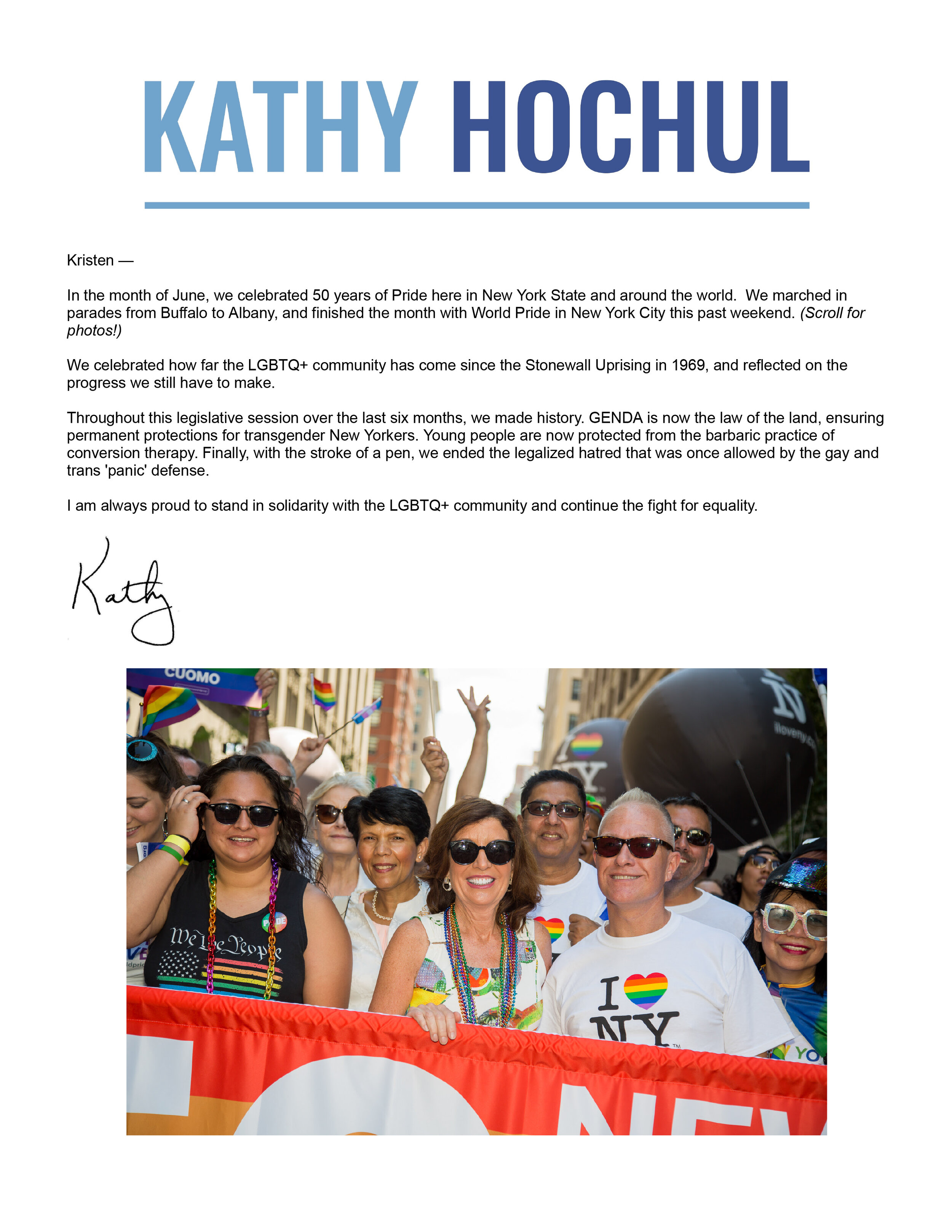 Lt. Governor Kathy Hochul celebrates World Pride and 50 Years of Pride in New York State in her Newsletter. New York, NY 2019 