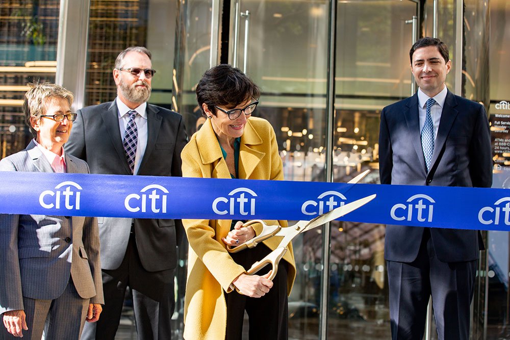  Citibank CEO, Jane Fraser, holds a ribbon cutting ceremony for the launch of Citibank’s new branch located at their global headquarters in New York City. 