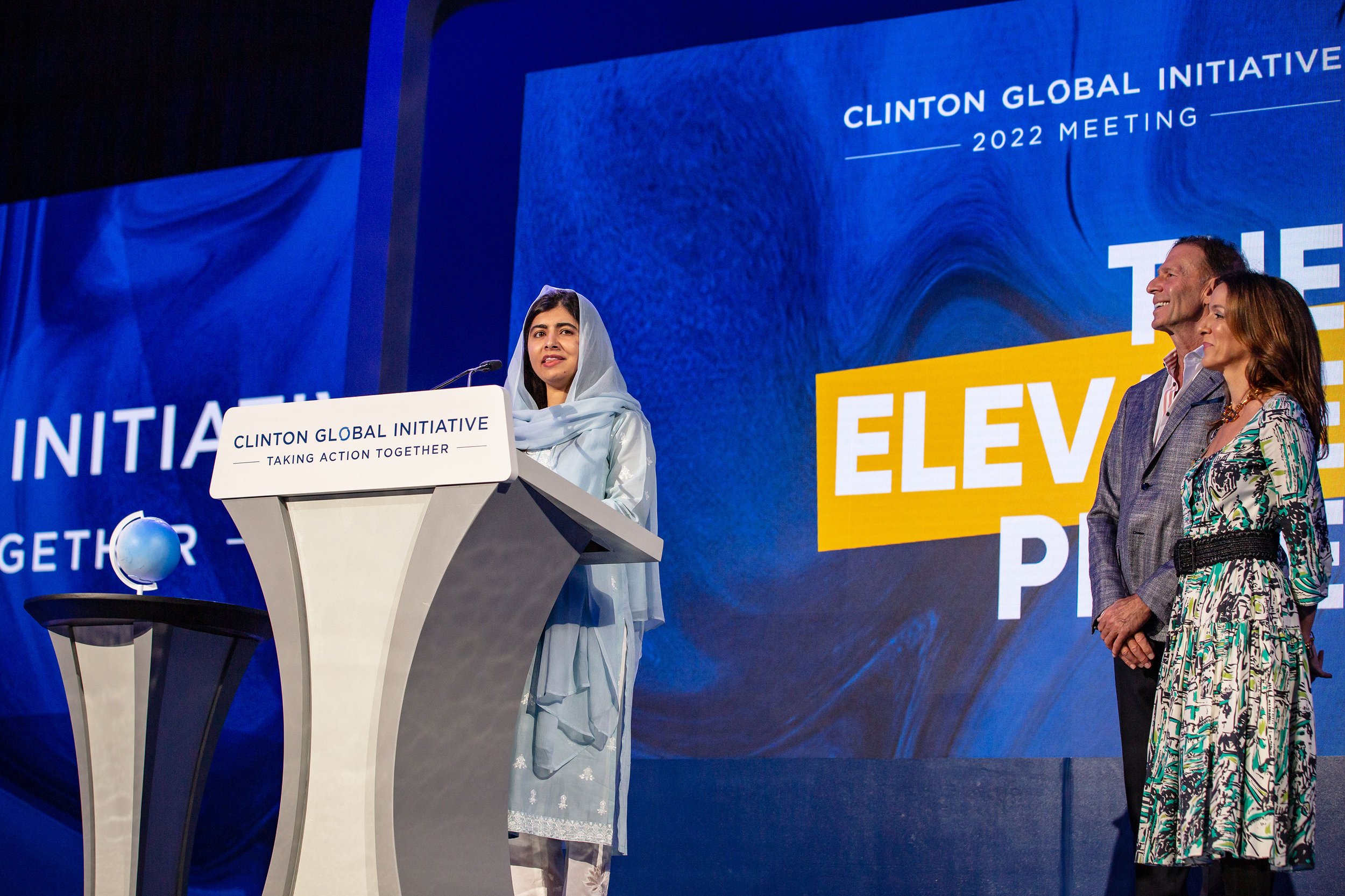  Activist Malala Yousafzai receives The Elevate Prize Catalyst Award at Clinton Global Initiative 2022, presented by Joseph Deitch, founder of The Elevate Prize Foundation, and CEO Carolina Garcia Jayaram, New York, NY 