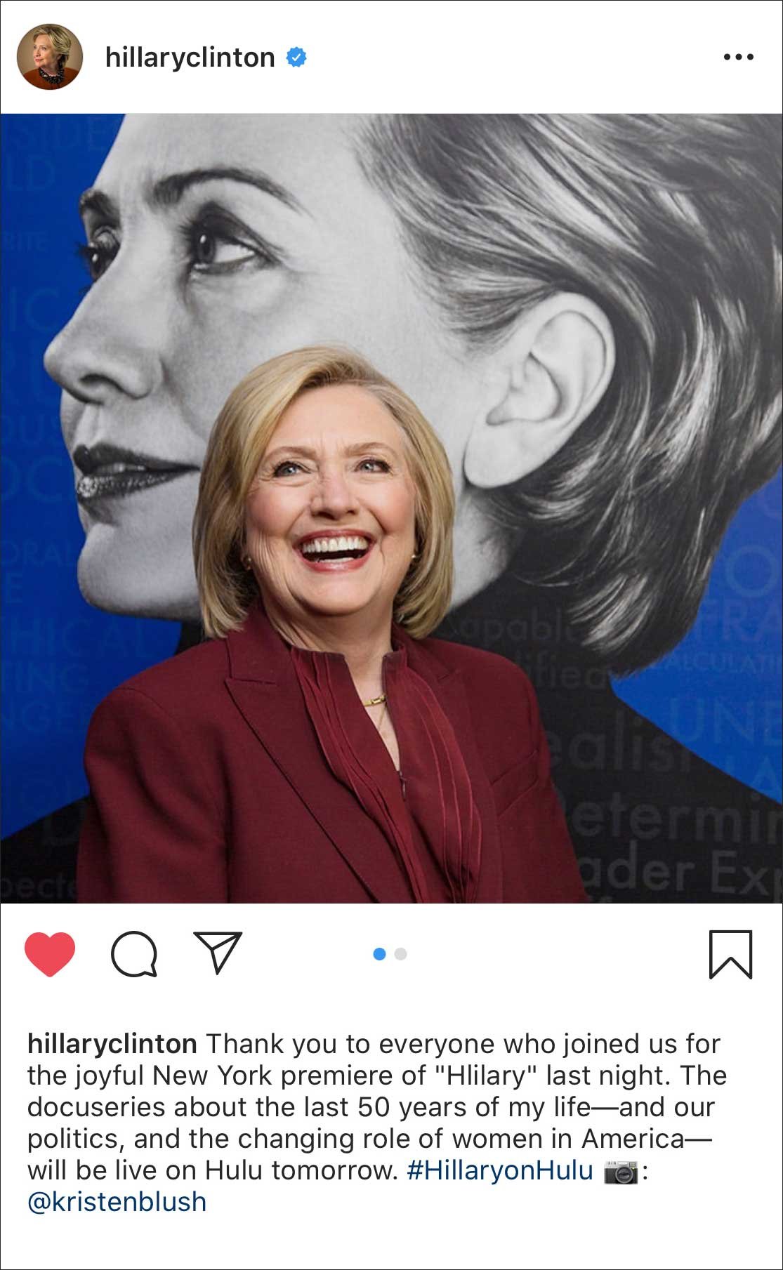  Secretary Hillary Clinton attends the Hulu premier of ‘Hillary’, sharing this photograph to all of her social media platforms, New York, NY 