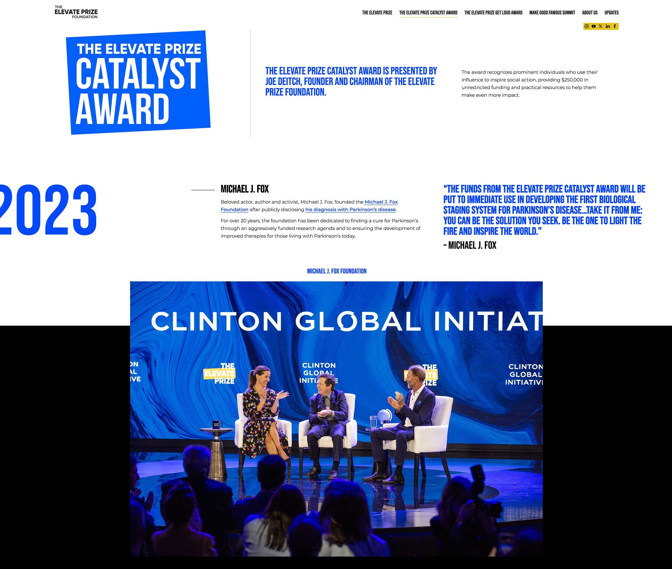  Michael J Fox Foundation receives The Elevate Prize Catalyst Award at Clinton Global Initiative 2023, presented by Joseph Deitch, founder of The Elevate Prize Foundation, and CEO Carolina Garcia Jayaram, New York, NY 