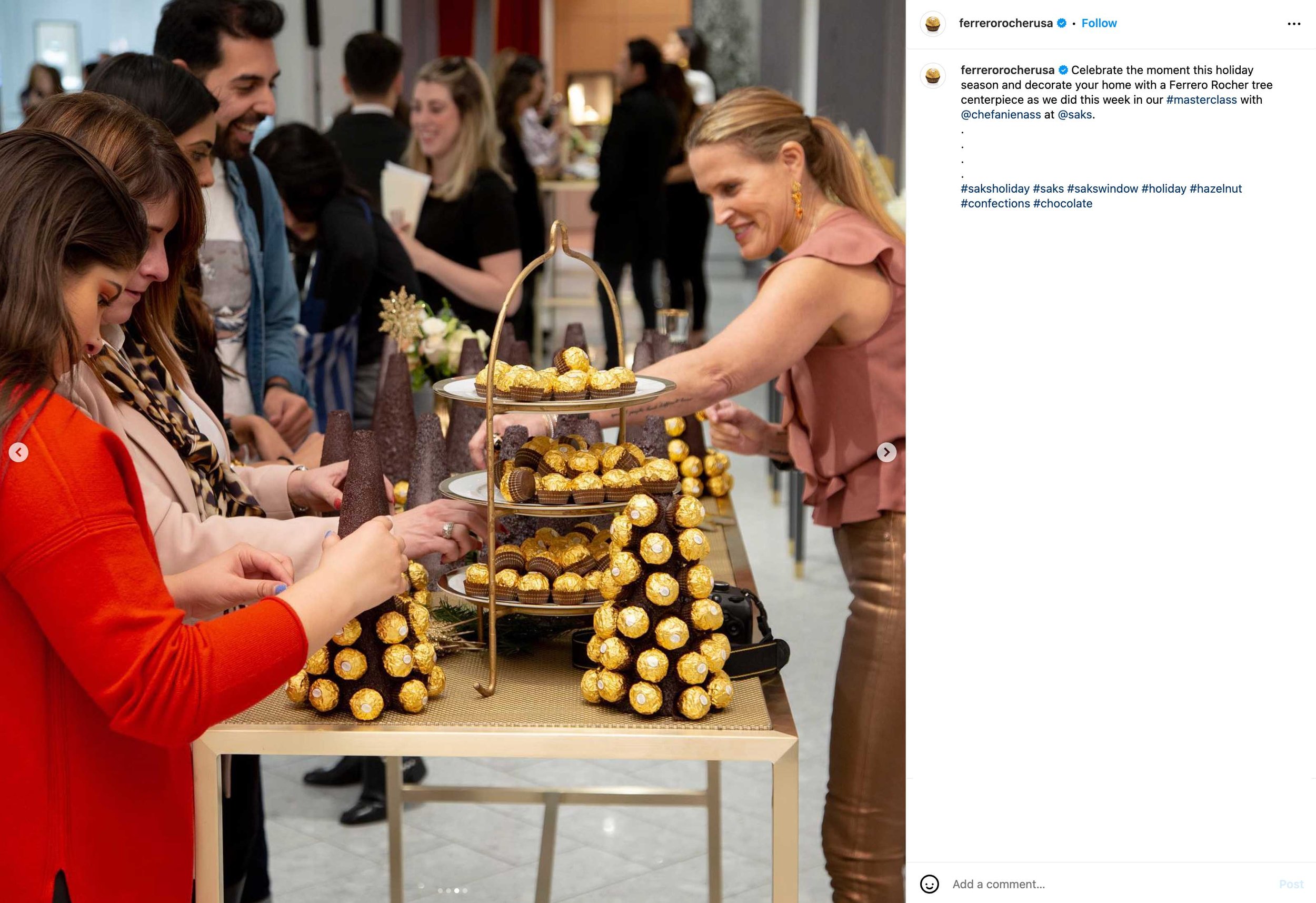  Ferrero Rocher partners with Saks Fifth Avenue and Influencer, Chefanie, for a Master Class in Ferrero Rocher holiday centerpieces, publishing the event to their social media platforms, New York, NY 