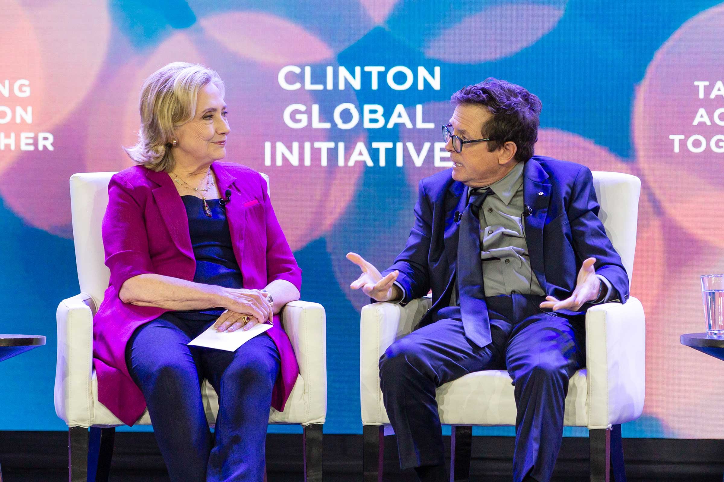  Secretary Hillary Clinton and The Elevate Prize Catalyst Award recipient, Michael J Fox, discuss the successes and challenges of Parkinson's research at Clinton Global Initiative 2023, New York, NY 