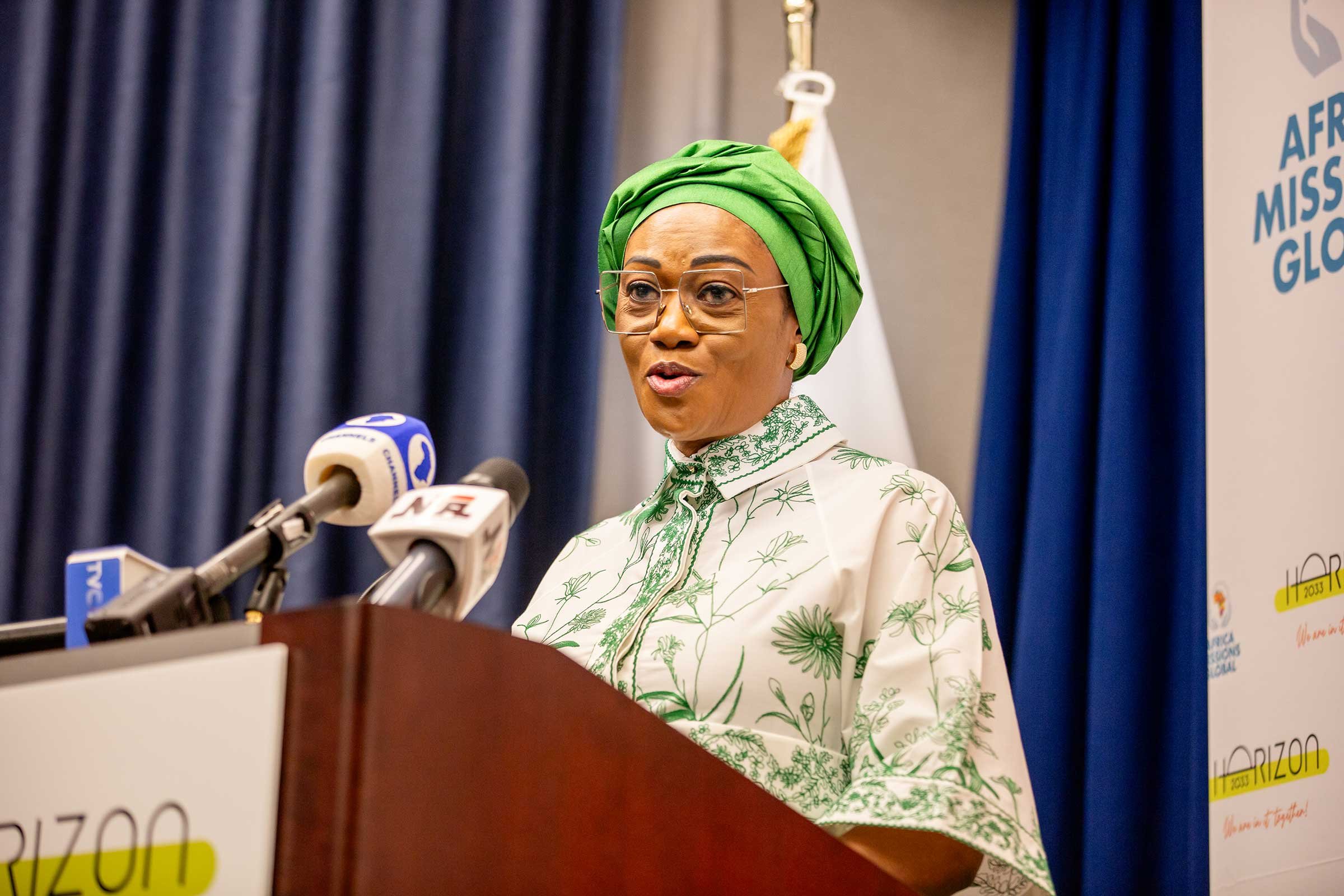  Her Excellency, the First Lady of Nigeria, Pastor Mrs. Oluremi Tinubu, addresses the Africa Missions Global 'Horizon 2033' event at the U.N., New York, NY 