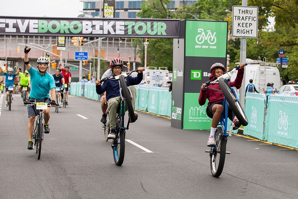  TD Five Boro Bike Tour cyclists cross the finish line, for Bike New York, Staten Island, NY 