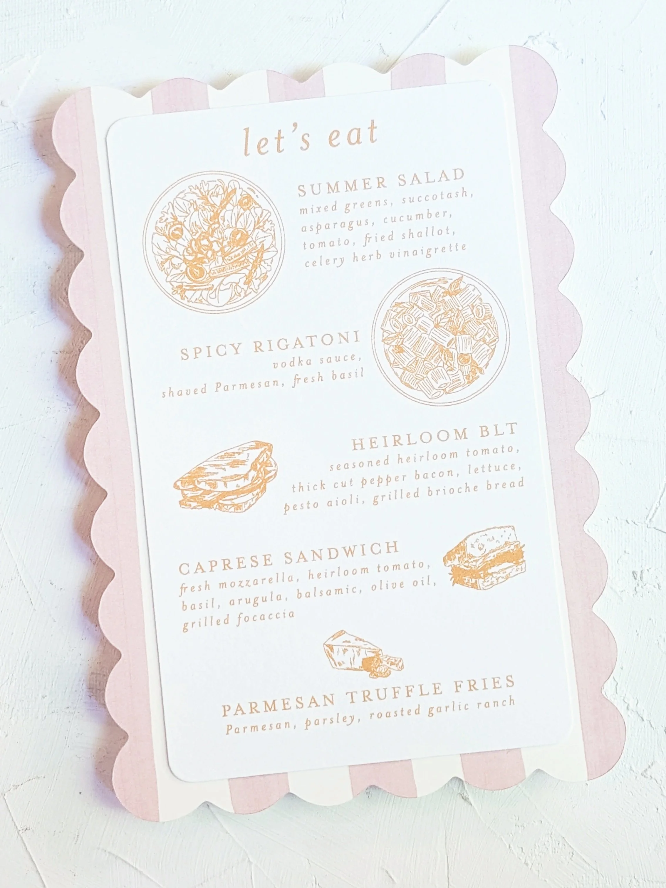 custom illustrated menu in shades of summer in fun scallop shape
