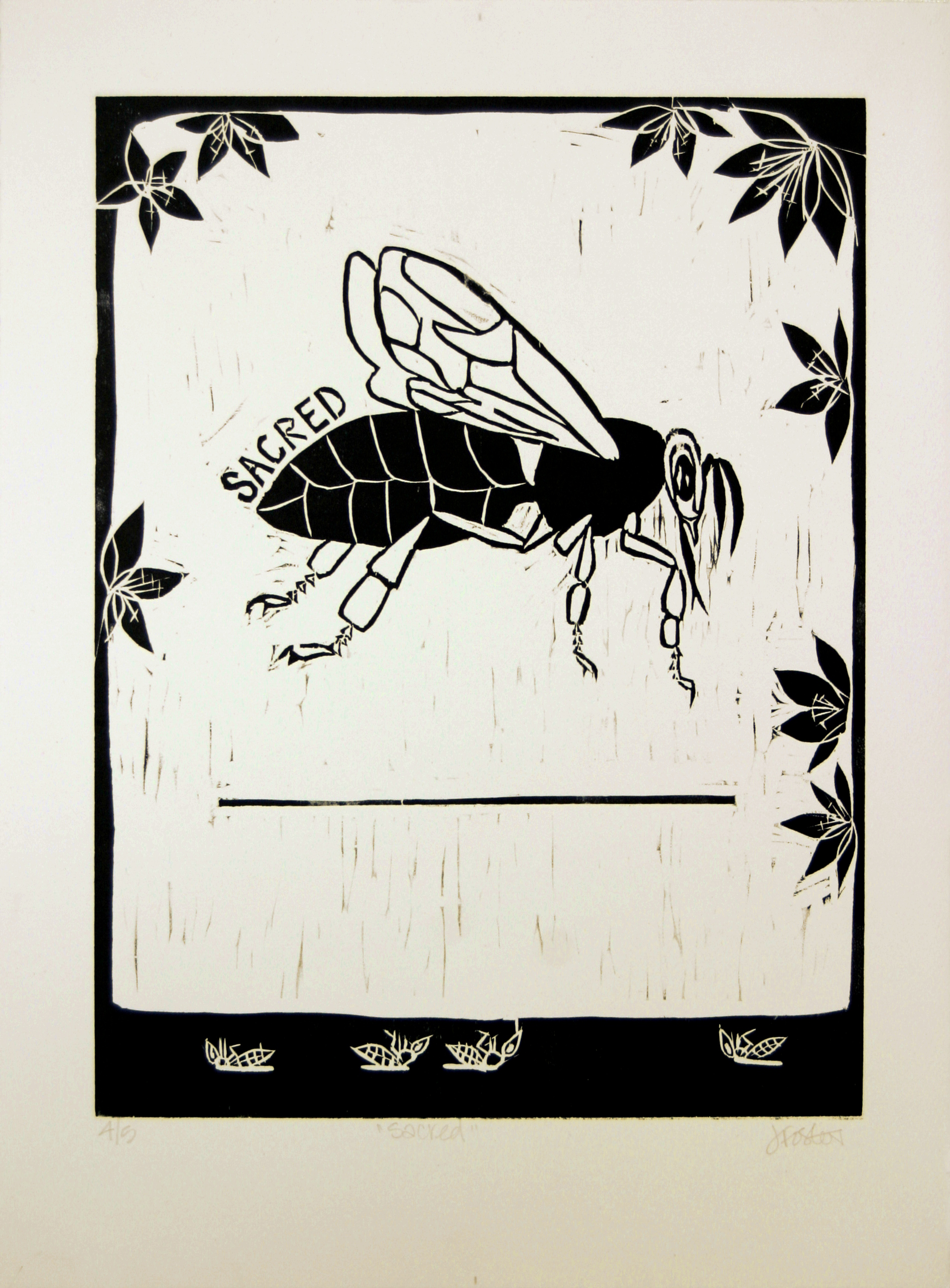  Sacred, 2014, woodcut on paper, 11”x15” 