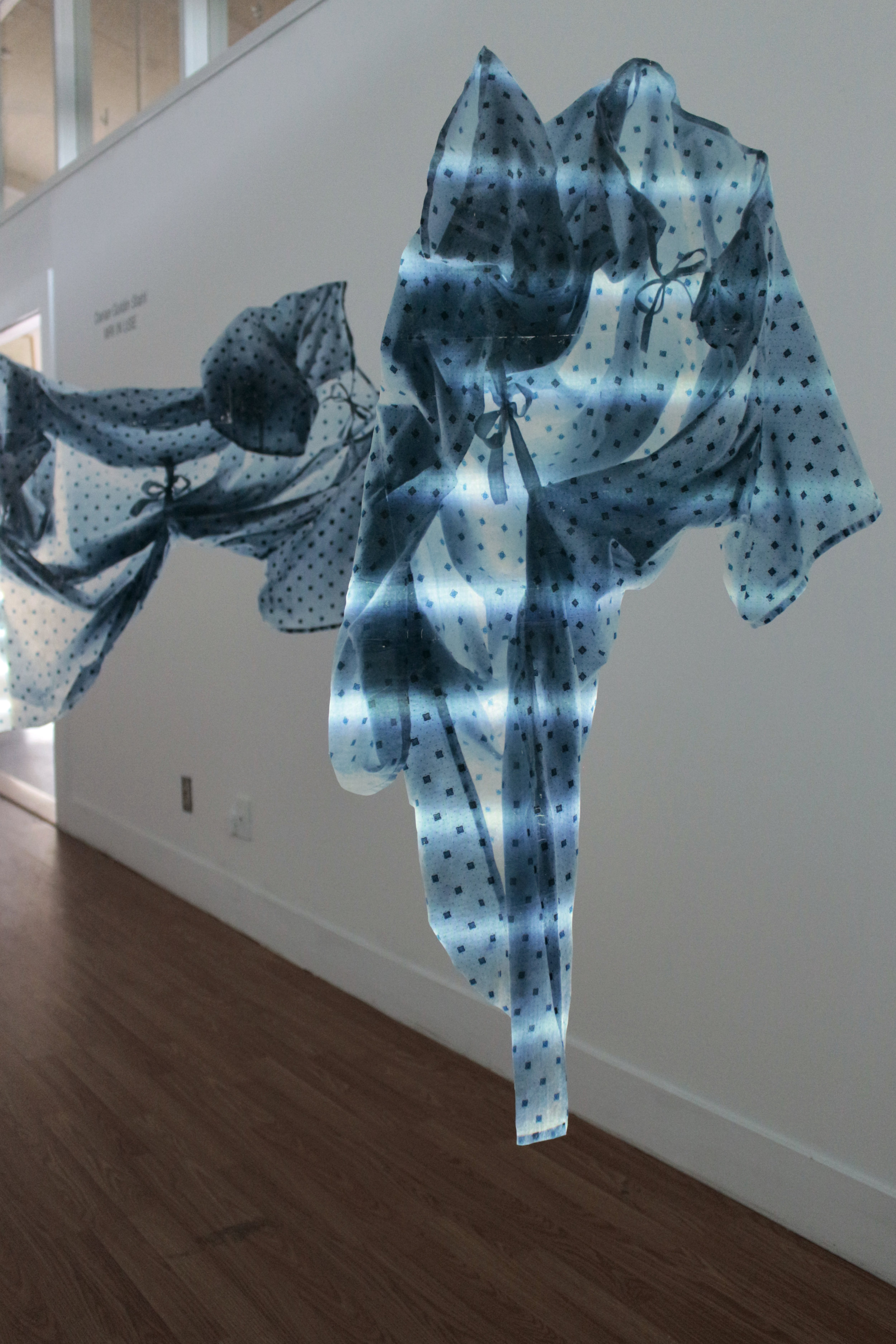 "MRI IN USE" Installation, Encaustic transfer on silk and projection, 45" x 30" each, 2015. Alberta Printmakers Main Gallery