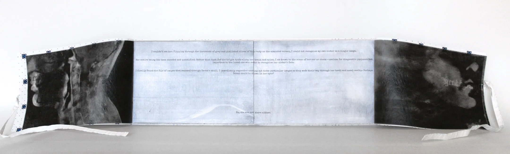 "EncodingDecoding" Artist Book detail, Encaustic transfer on silk, 6" x 19," 2016