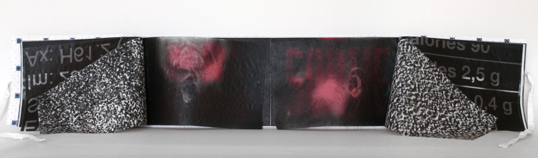 "EncodingDecoding" Artist Book detail, Encaustic transfer on silk, 6" x 19," 2016