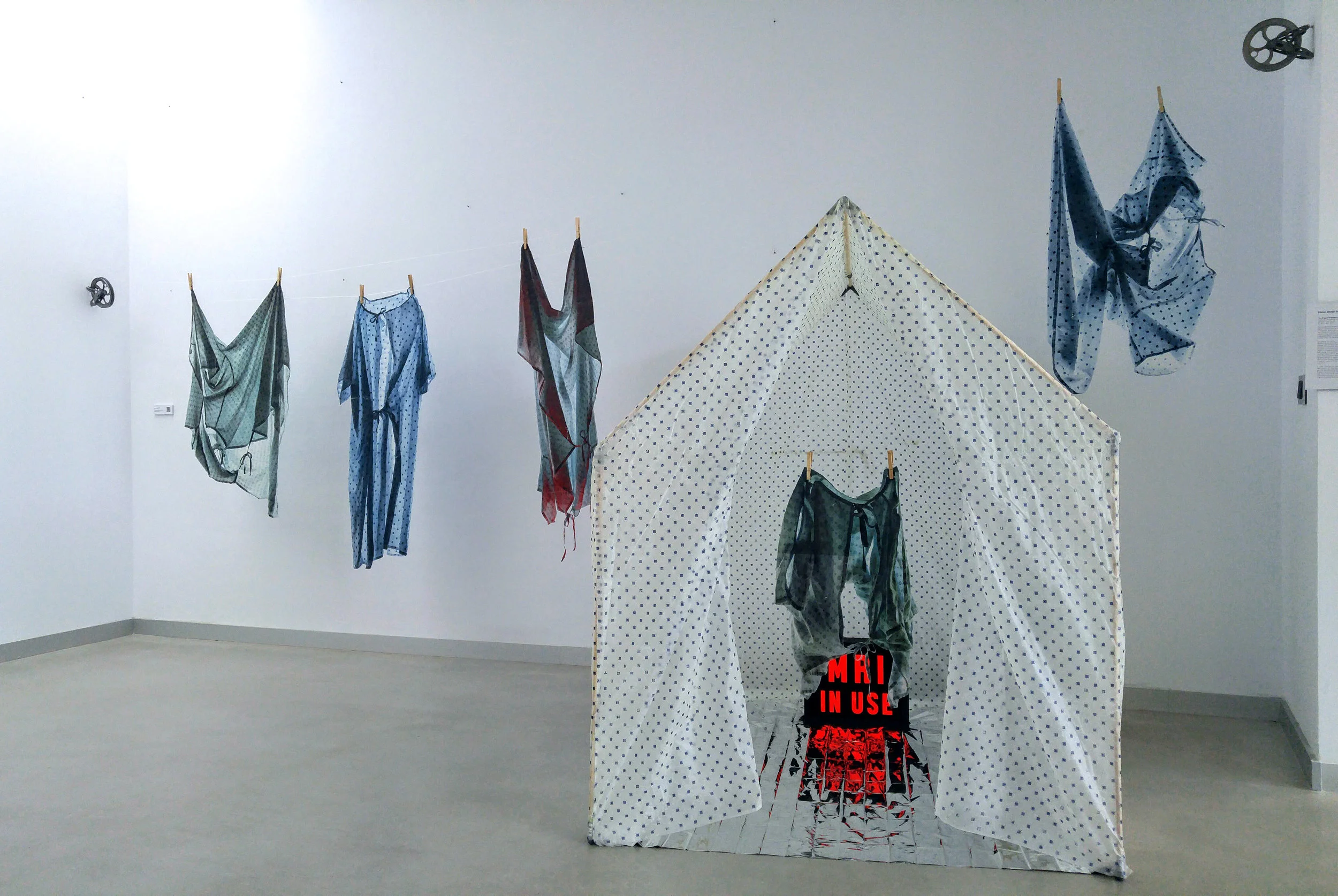 “The Magnet is Always On,” Exhibition, Encaustic transfer on silk, LED, sound, chrome mat, C.C. Cazona, Santander Spain, September 2018.