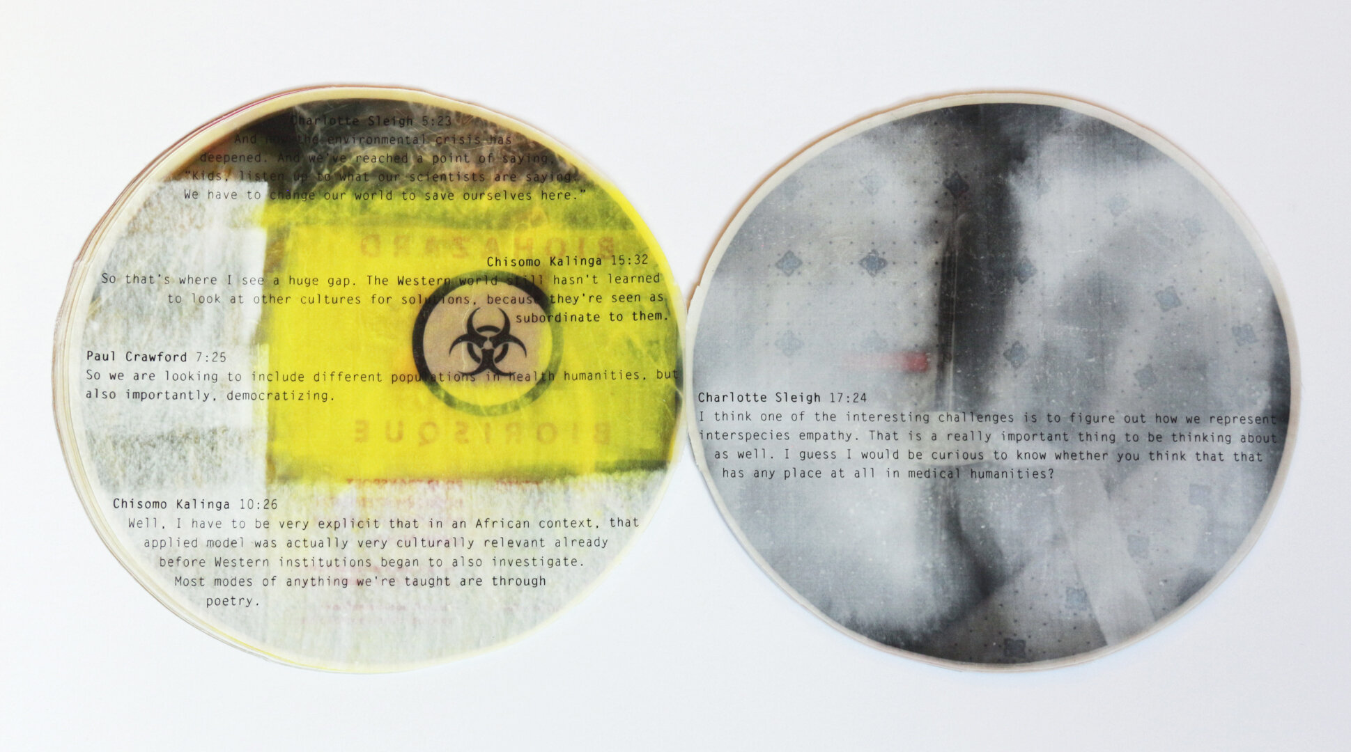  “Field Notes: How to Be With,” Artist’s Book. Encaustic transfer, monoprint, and silkscreen on silk and handmade paper, 8” round, 2020. 