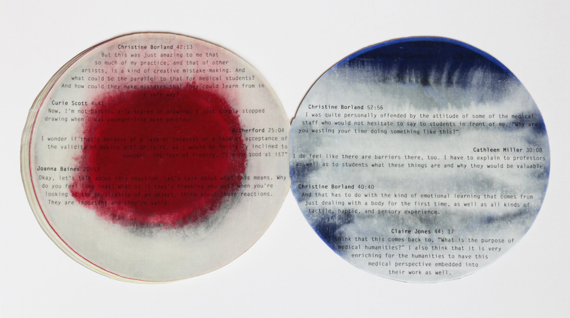  “Field Notes: How to Be With,” Artist’s Book. Encaustic transfer, monoprint, and silkscreen on silk and handmade paper, 8” round, 2020. 