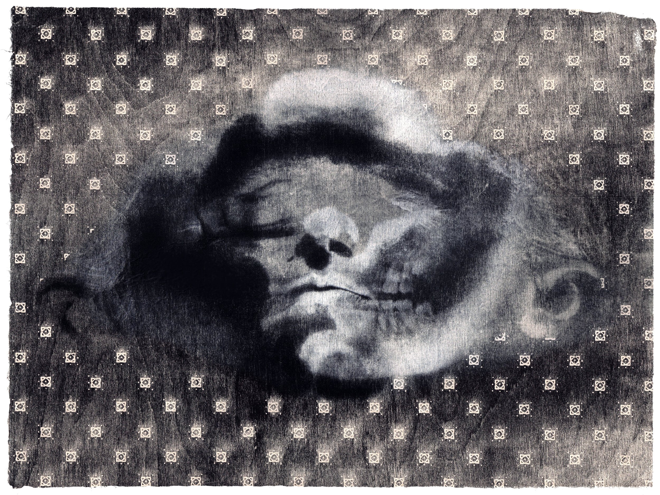  “Specter,” Wood lithography, silkcreen, monoprint, laser etching, chine colle, 17” x 22,” 2022  