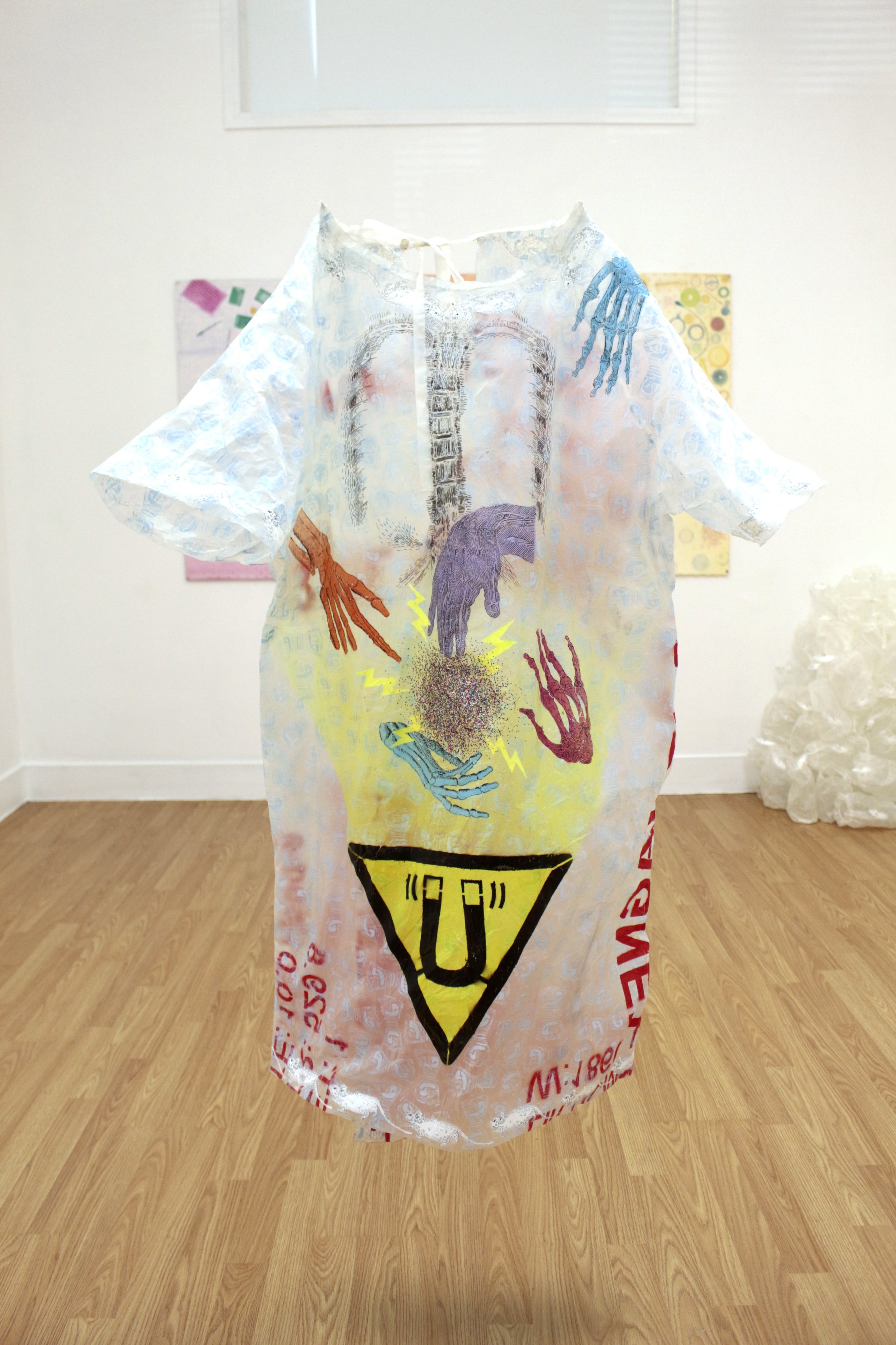 “Imaging Gown,”  Pochoir on waxed silk, 45” x 40” x 10,” 2021. 