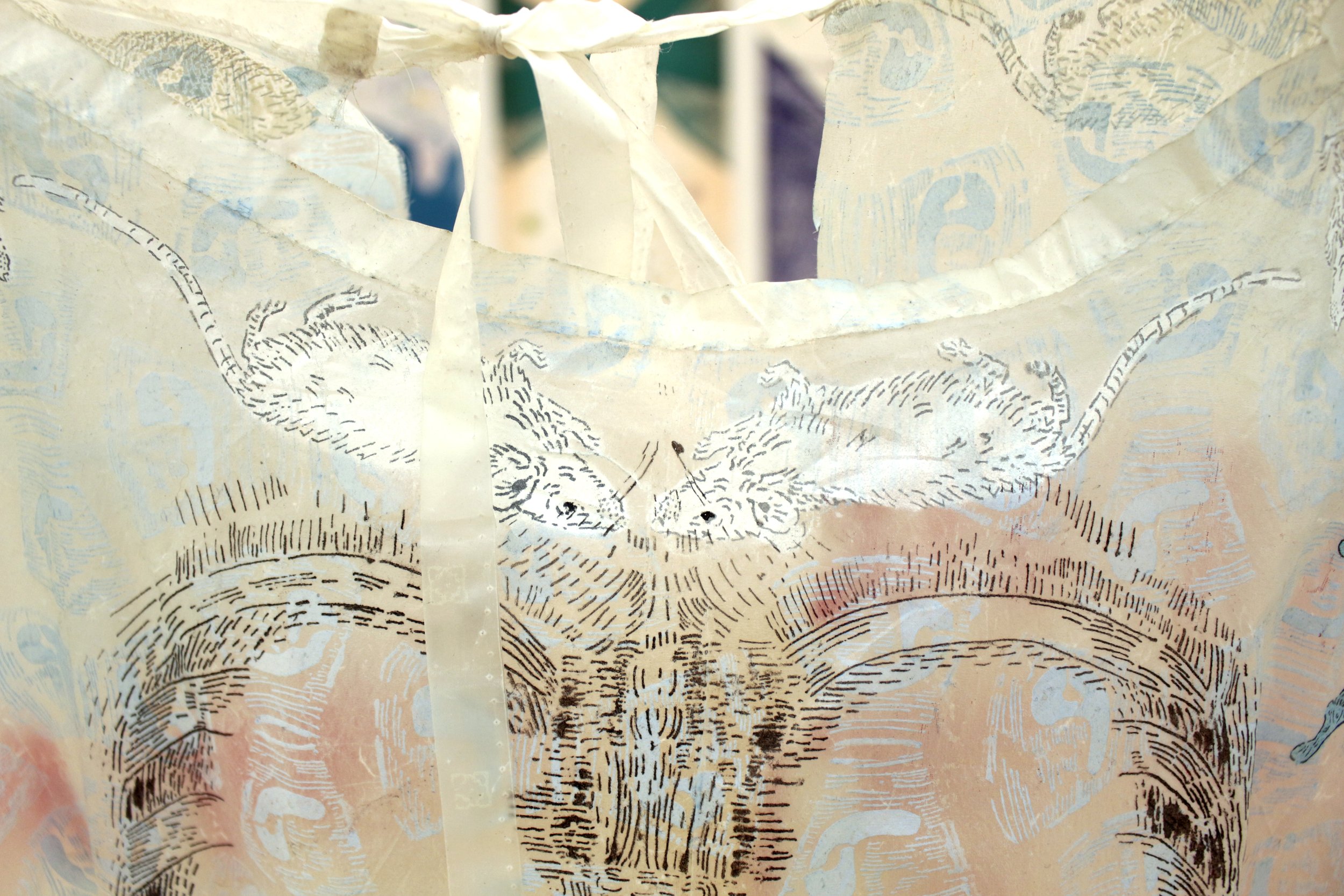  “Imaging Gown,” Pochoir on waxed silk, 45” x 40” x 10,” 2021. 