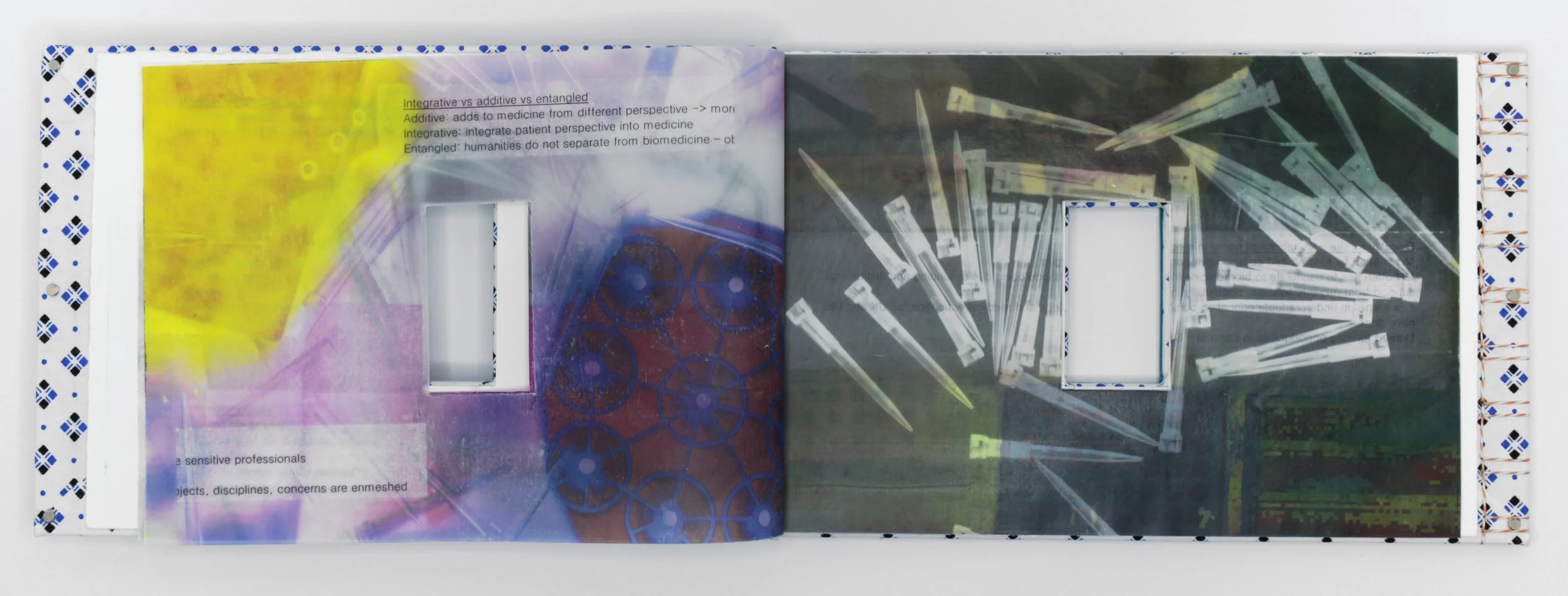 Medical // Humanities Volumes I & II , Artist’s Book, encaustic transfer on silk, hospital gown, and scrubs, 11.5” x 7,” 2024. Text by Suze Berkout, Sarah de Leeuw, and Darian Goldin Stahl.