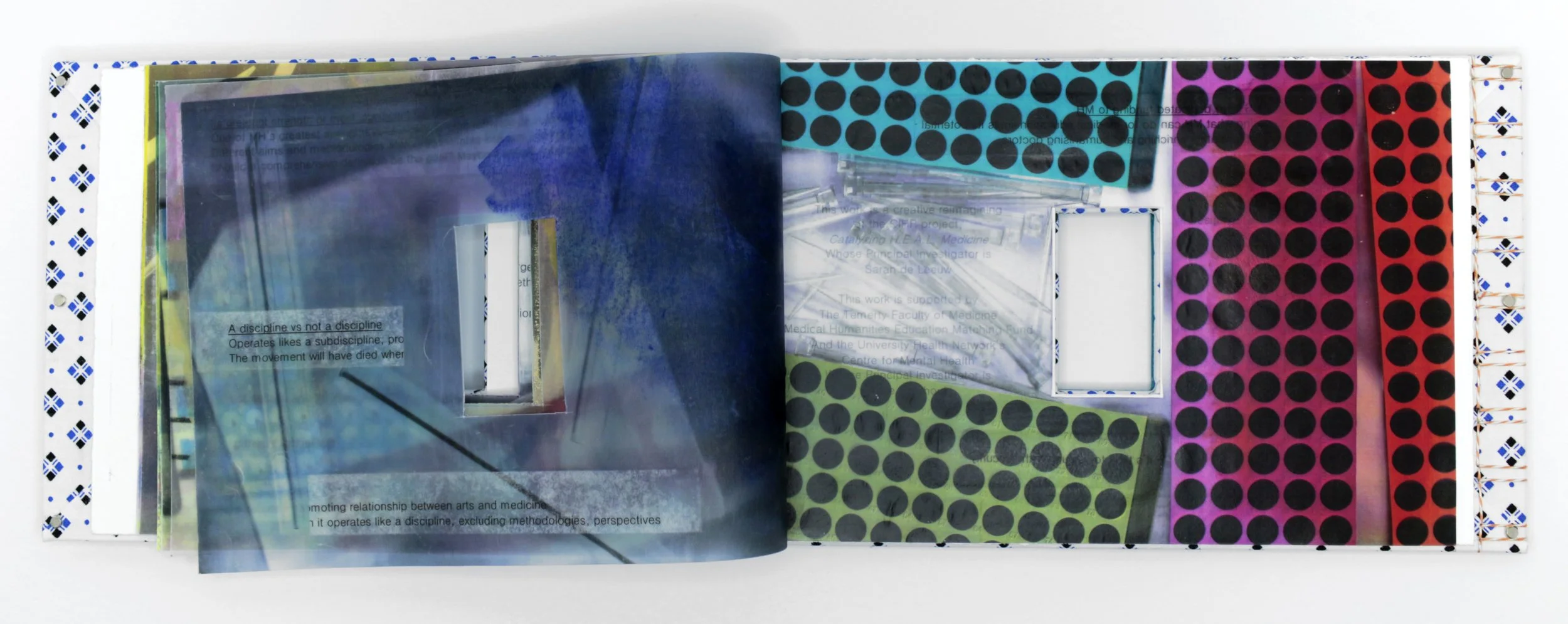 Medical // Humanities Volumes I & II , Artist’s Book, encaustic transfer on silk, hospital gown, and scrubs, 11.5” x 7,” 2024. Text by Suze Berkout, Sarah de Leeuw, and Darian Goldin Stahl.
