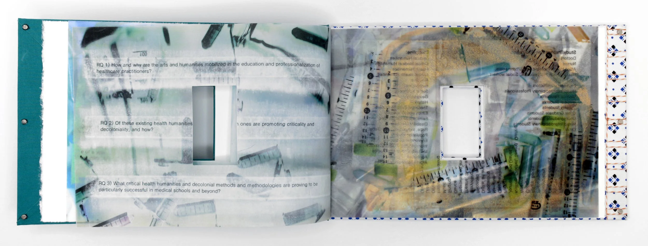 Medical // Humanities Volumes I & II , Artist’s Book, encaustic transfer on silk, hospital gown, and scrubs, 11.5” x 7,” 2024. Text by Suze Berkout, Sarah de Leeuw, and Darian Goldin Stahl.