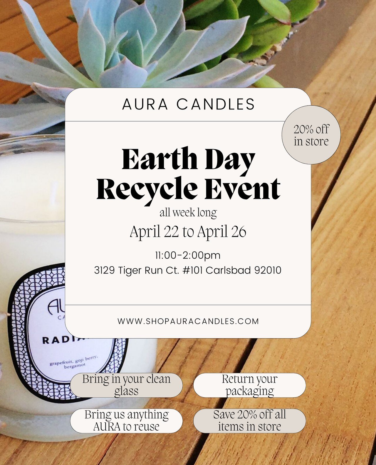 ☀️This is for the Locals! ⁠
Earth Day is just around the corner and we're excited to do our part in keeping our planet beautiful! 🌍♻️ Starting Monday, April 22, we're hosting a recycling event all week long. Bring us your empties and get 20% off you