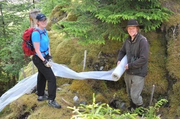 Figure 8: Megan Scott (left) and Matt Peck (right) working hard to roll up the chick funnel behind the main cabin.