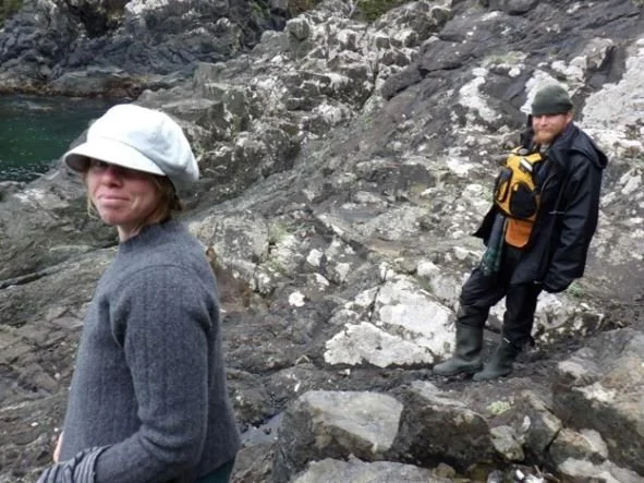 Figure 2: Klare Yakabuski (left) and Andrew Jacobs (right) are caught searching for an elusive Oystercatcher scrape on Reef Island.