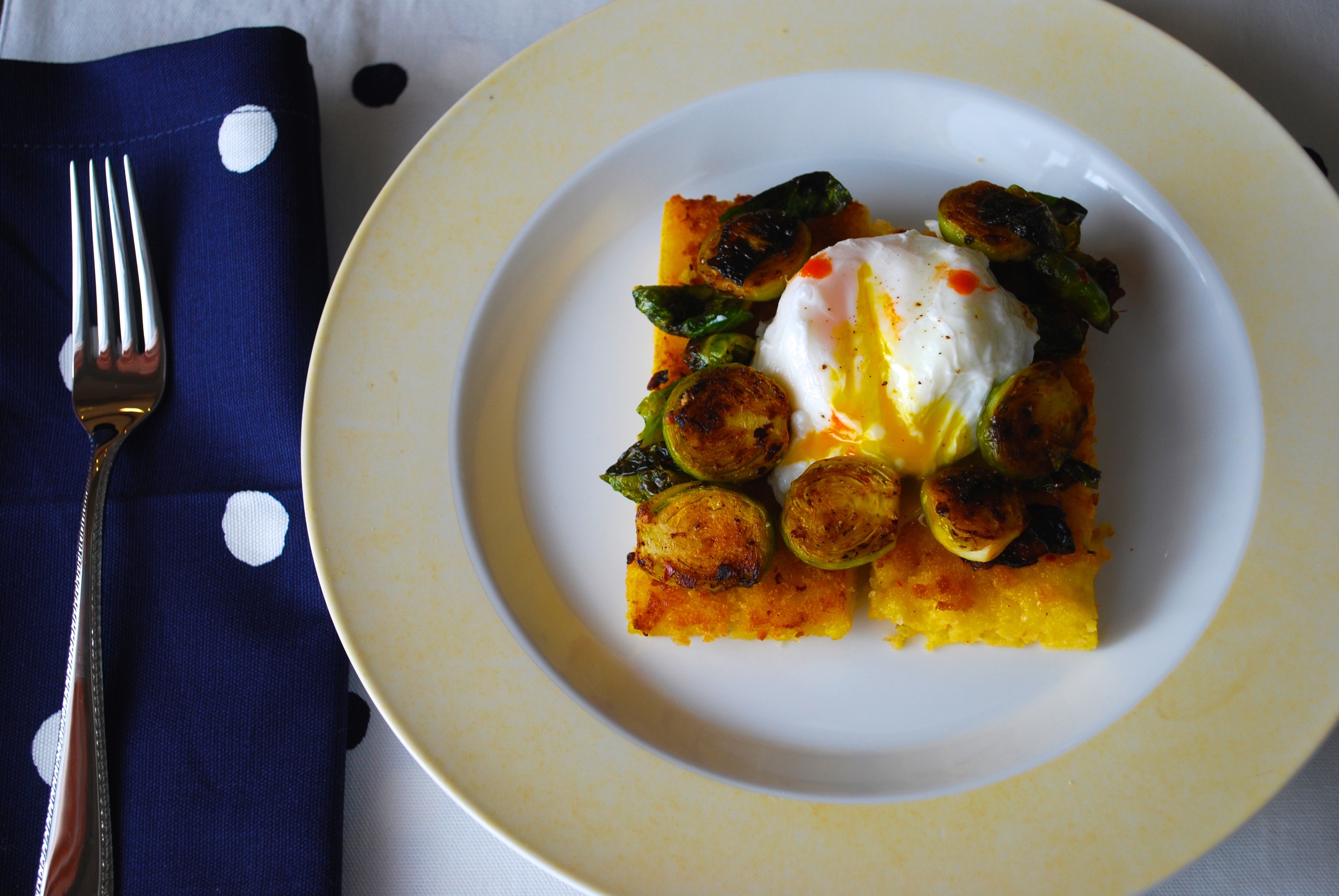 Pan Fried Maple Goat Cheese Polenta with Chipotle Brussels Sprouts