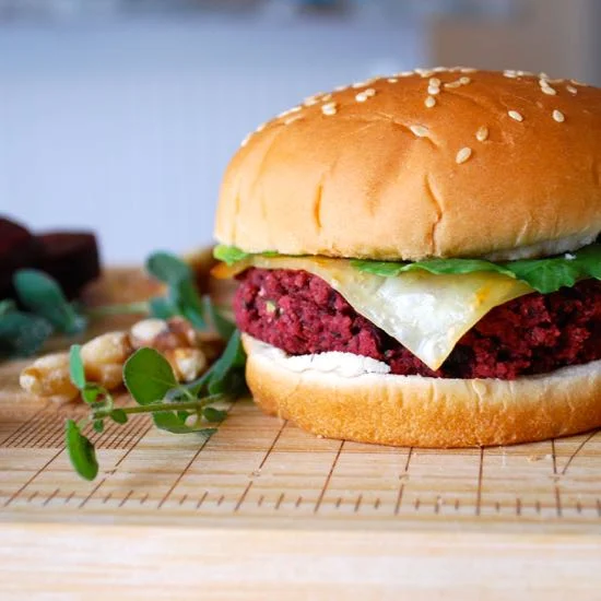 Herbed Beet, White Bean and Walnut Burgers with Spicy Romesco Sauce